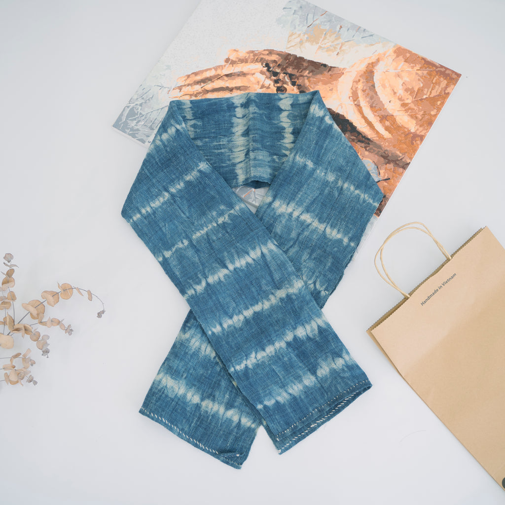 Hmong Wave Pattern Indigo Scarf - Hand-Dyed Brocade Shawl - One-of-a-Kind Hill Tribe Artisan Wrap