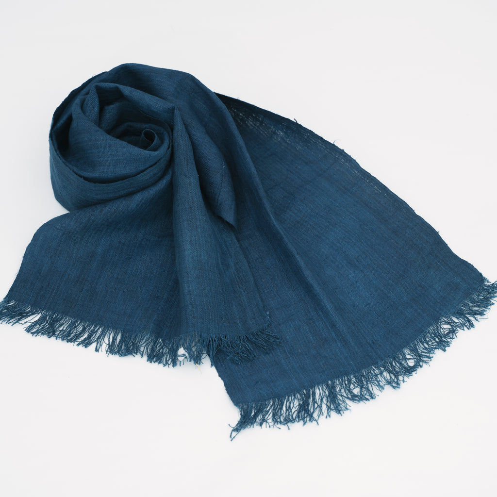 Hmong Solid Indigo Natural Linen Scarf - Hand-Dyed Minimalist Brocade Shawl - Hill Tribe Artisan Wrap