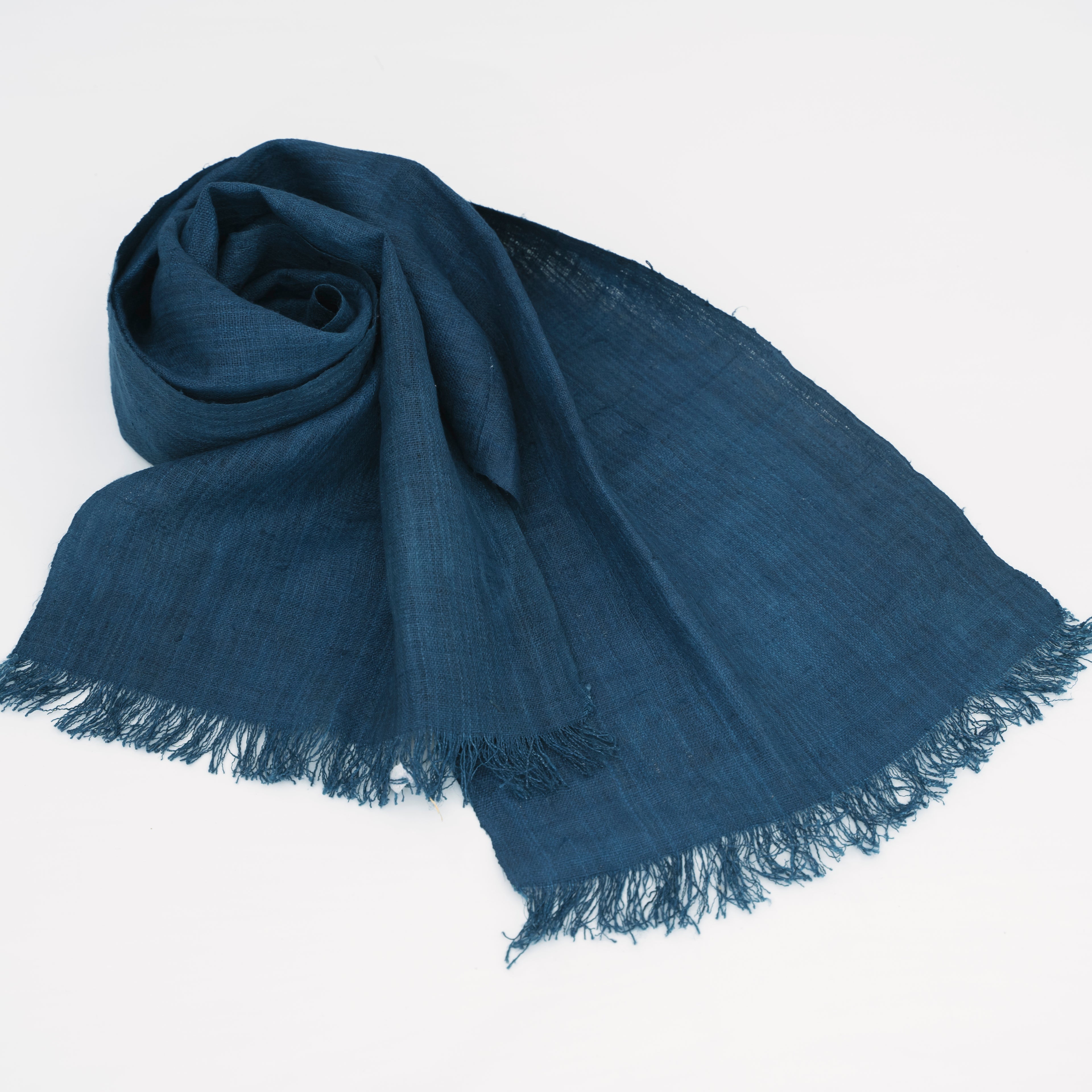 Hmong Solid Indigo Natural Linen Scarf - Hand-Dyed Minimalist Brocade Shawl - Hill Tribe Artisan Wrap