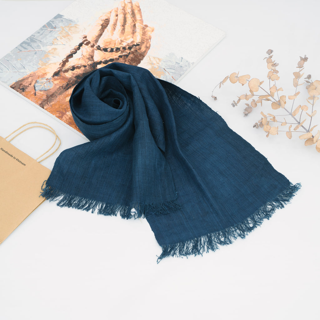 Hmong Solid Indigo Natural Linen Scarf - Hand-Dyed Minimalist Brocade Shawl - Hill Tribe Artisan Wrap
