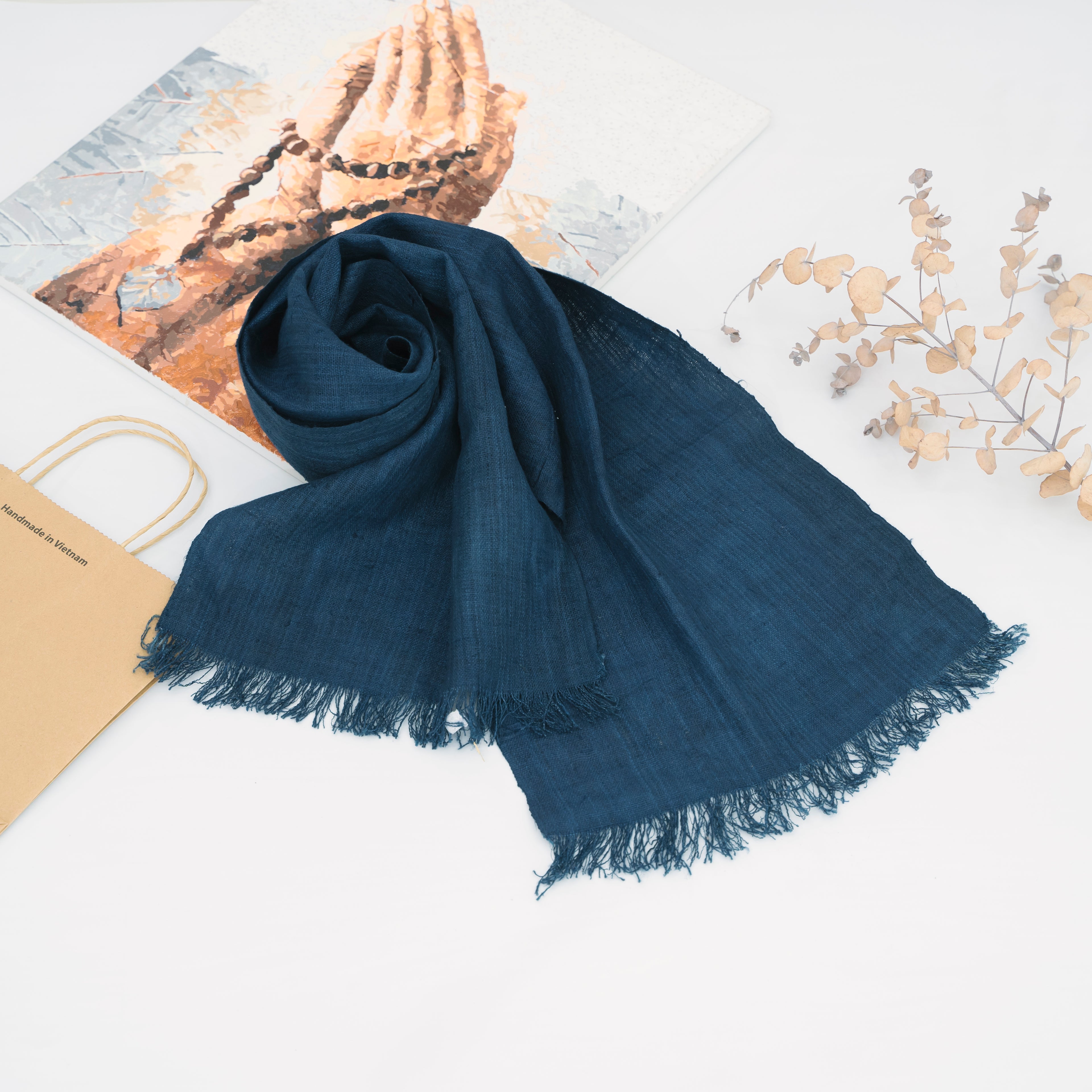 Hmong Solid Indigo Natural Linen Scarf - Hand-Dyed Minimalist Brocade Shawl - Hill Tribe Artisan Wrap