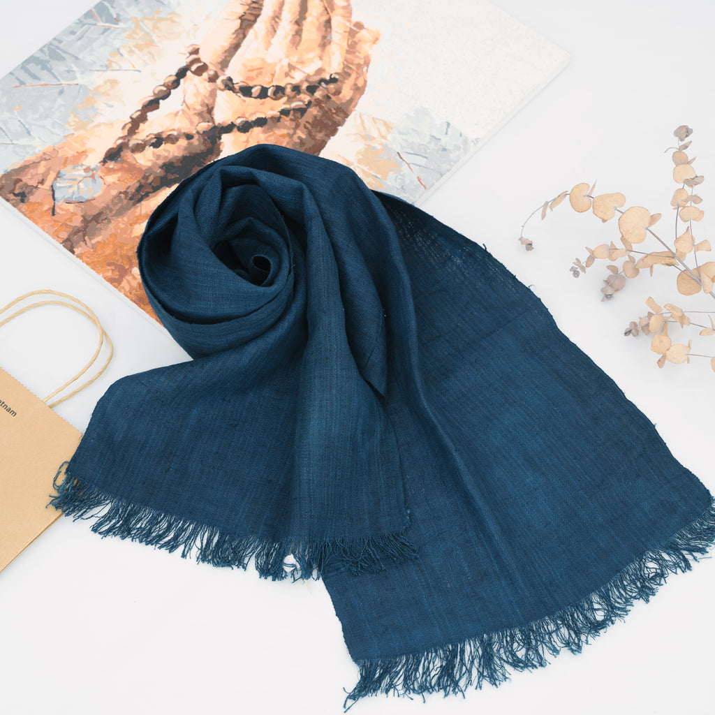 Hmong Solid Indigo Natural Linen Scarf - Hand-Dyed Minimalist Brocade Shawl - Hill Tribe Artisan Wrap