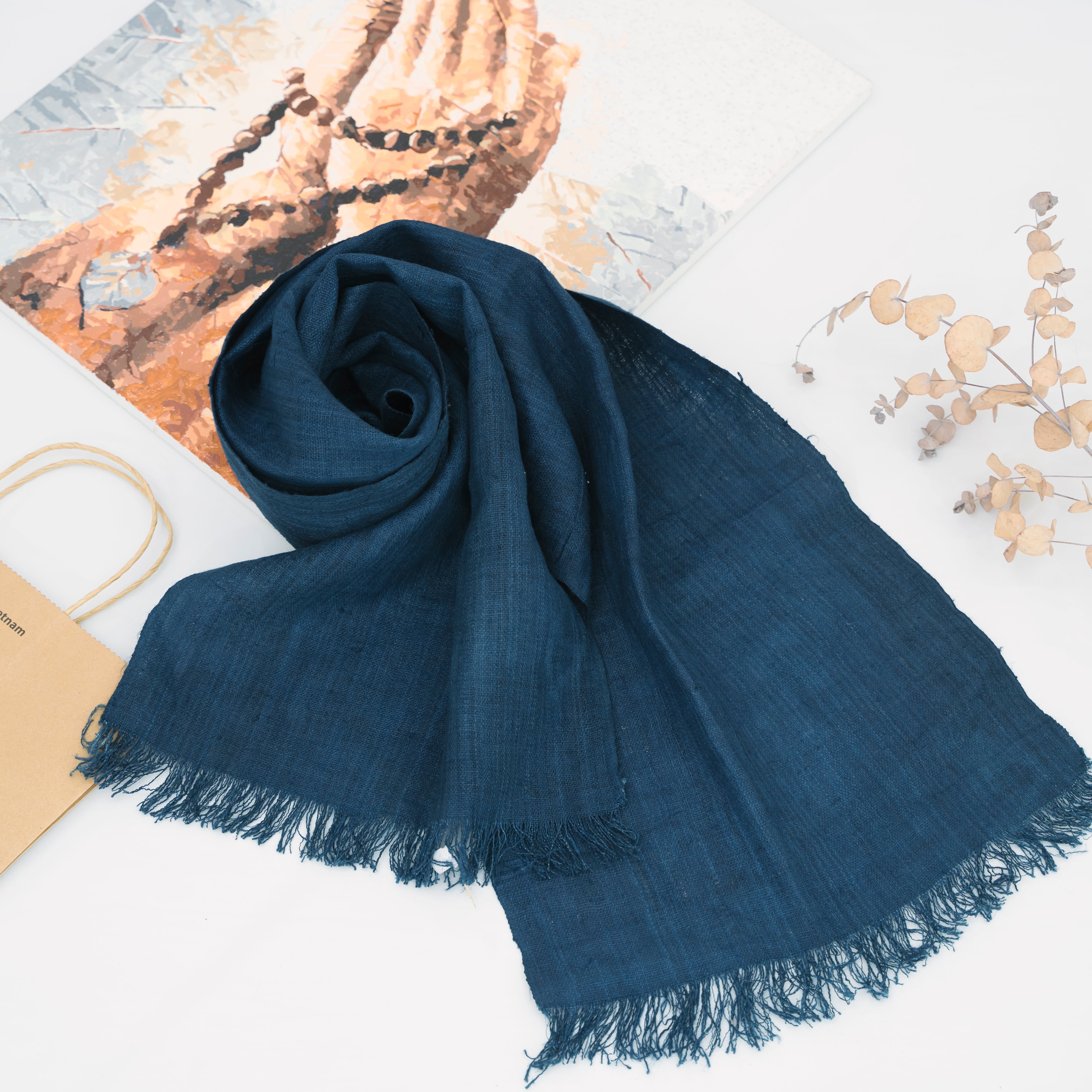 Hmong Solid Indigo Natural Linen Scarf - Hand-Dyed Minimalist Brocade Shawl - Hill Tribe Artisan Wrap