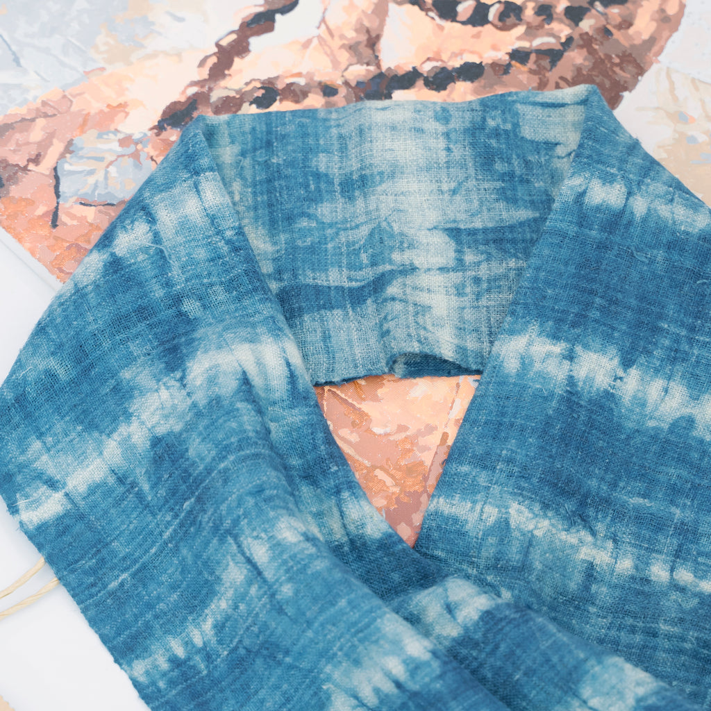 Hmong Horizontal Stripe Indigo Linen Scarf - Hand-Dyed Ethnic Brocade Shawl - Hill Tribe Artisan Wrap