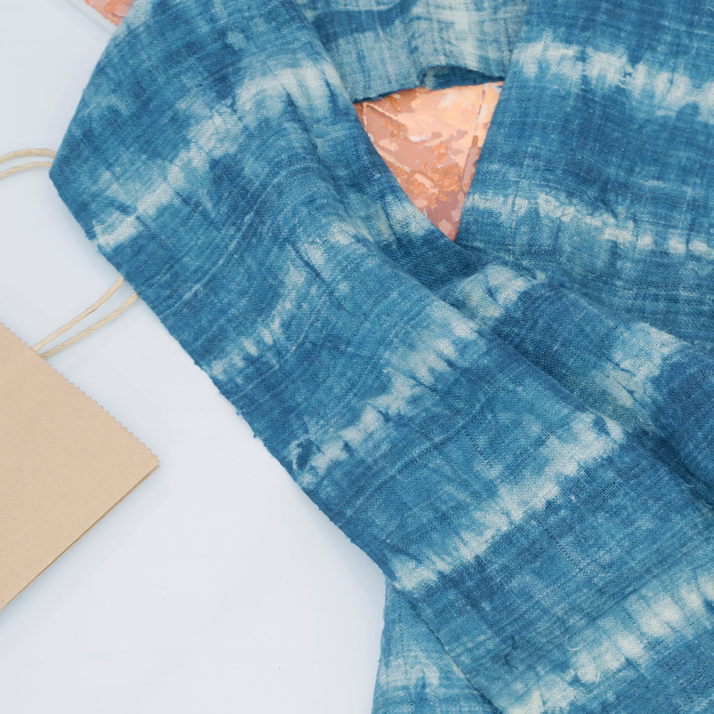 Hmong Horizontal Stripe Indigo Linen Scarf - Hand-Dyed Ethnic Brocade Shawl - Hill Tribe Artisan Wrap