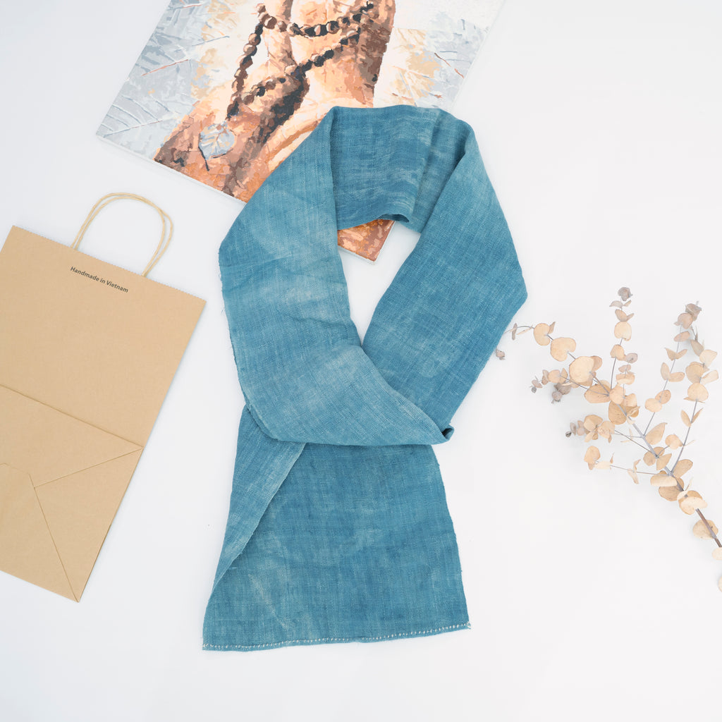 Hmong Marble Pattern Indigo Scarf - Subtle Hand-Dyed Natural Brocade Shawl - Hill Tribe Artisan Lightweight Wrap