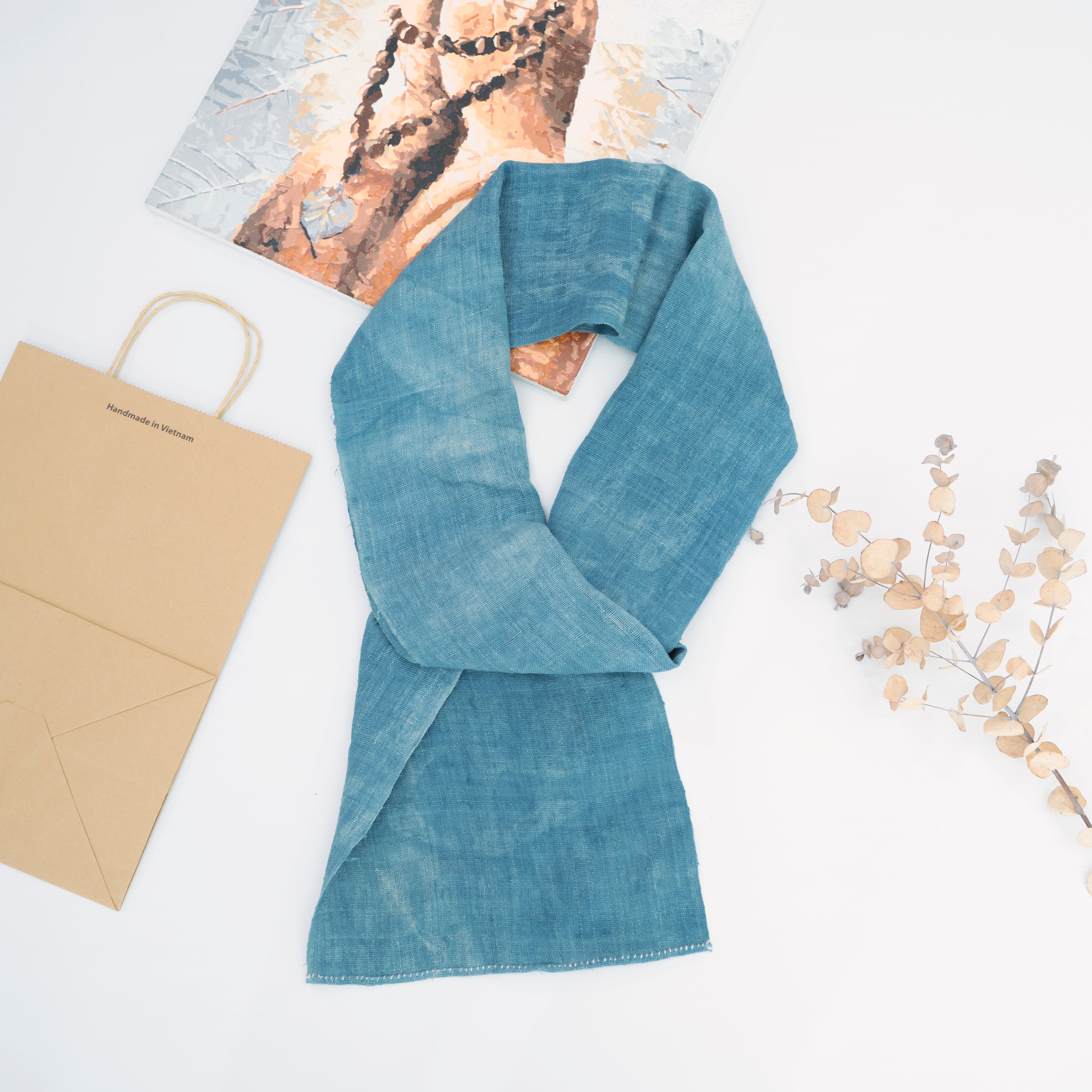 Hmong Marble Pattern Indigo Scarf - Subtle Hand-Dyed Natural Brocade Shawl - Hill Tribe Artisan Lightweight Wrap