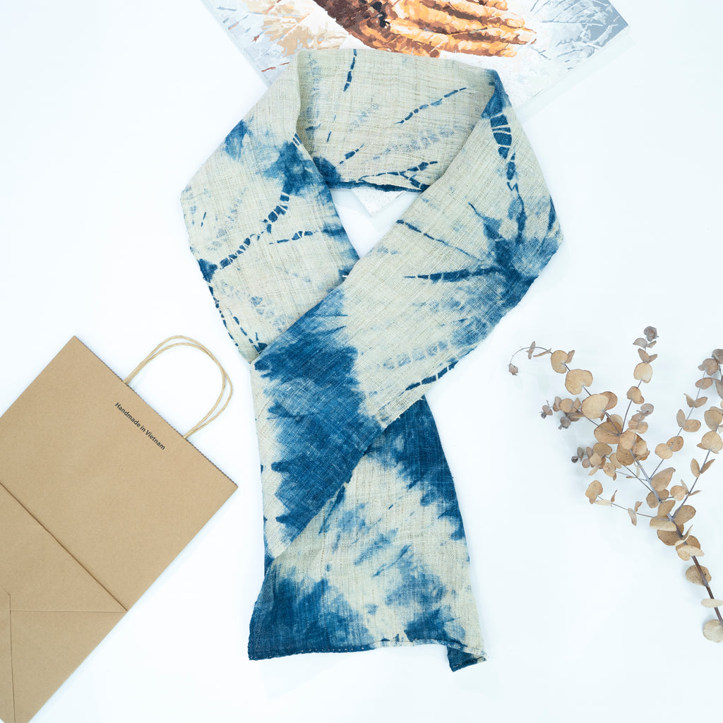 Hmong Sunburst Tie-Dye Indigo Scarf - Hand-Dyed Natural Brocade Shawl - One-of-a-Kind Hill Tribe Artisan Wrap