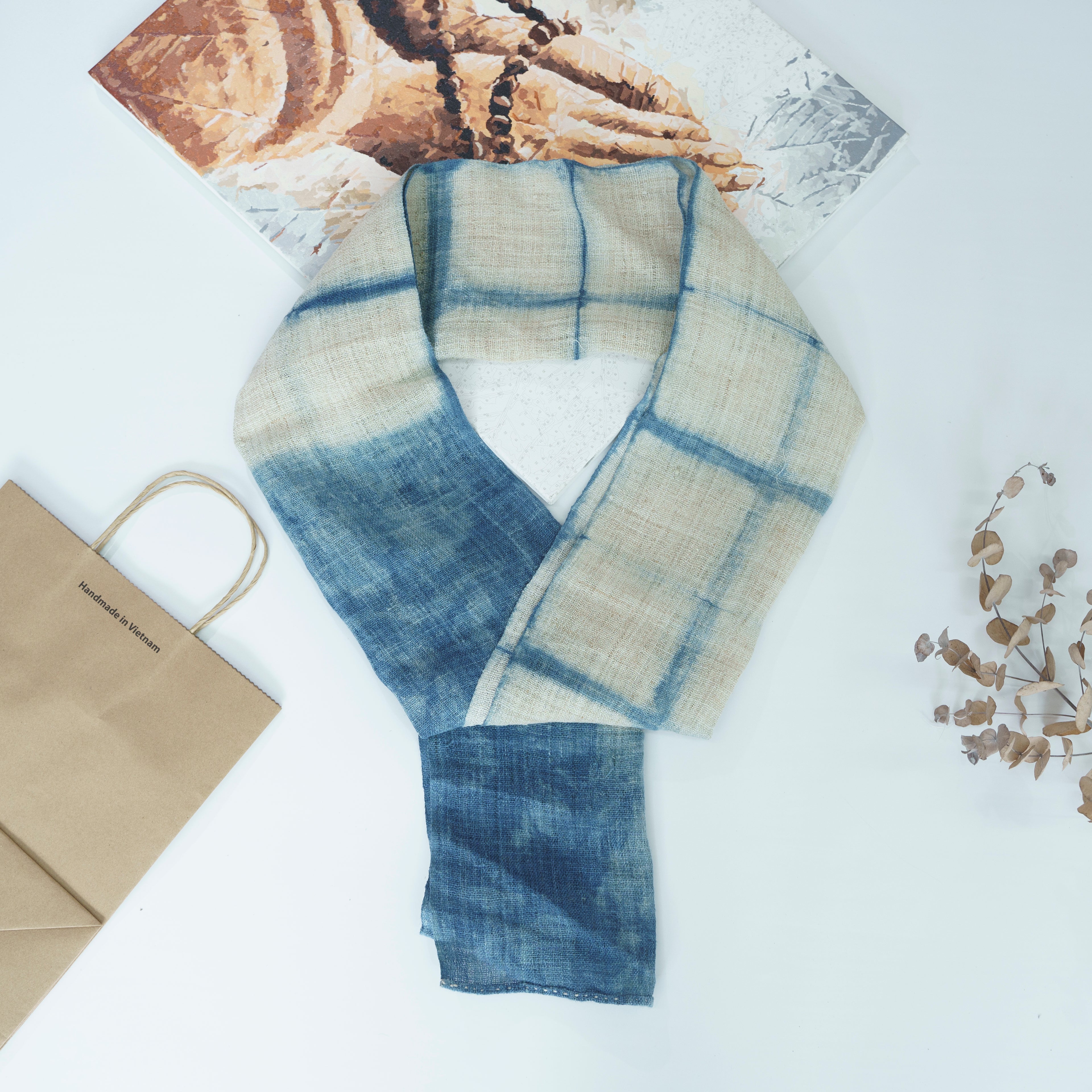 Hmong Grid & Marble Indigo Scarf - Hand-Dyed Dual Pattern Natural Brocade Shawl - Hill Tribe Artisan Wrap