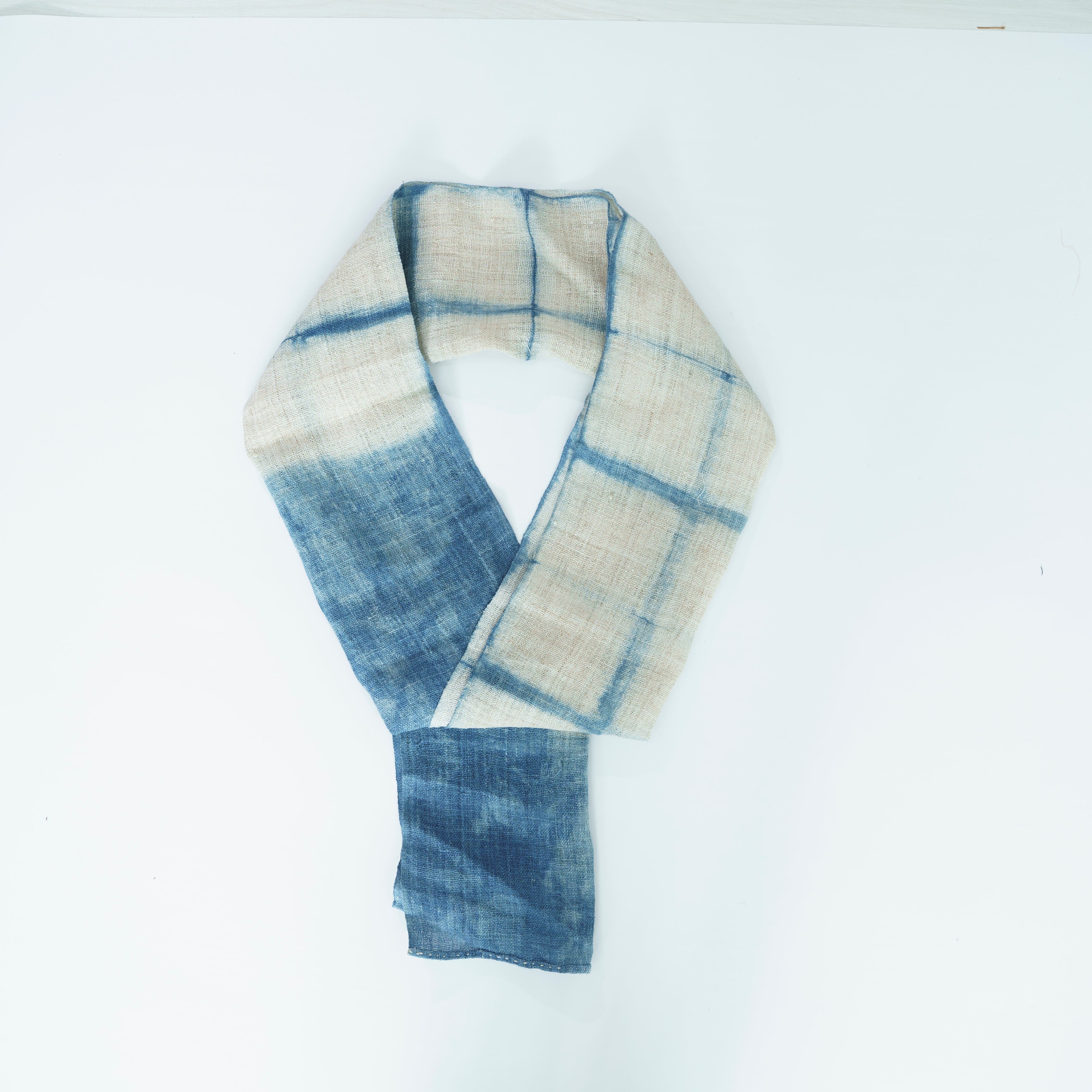 Hmong Grid & Marble Indigo Scarf - Hand-Dyed Dual Pattern Natural Brocade Shawl - Hill Tribe Artisan Wrap