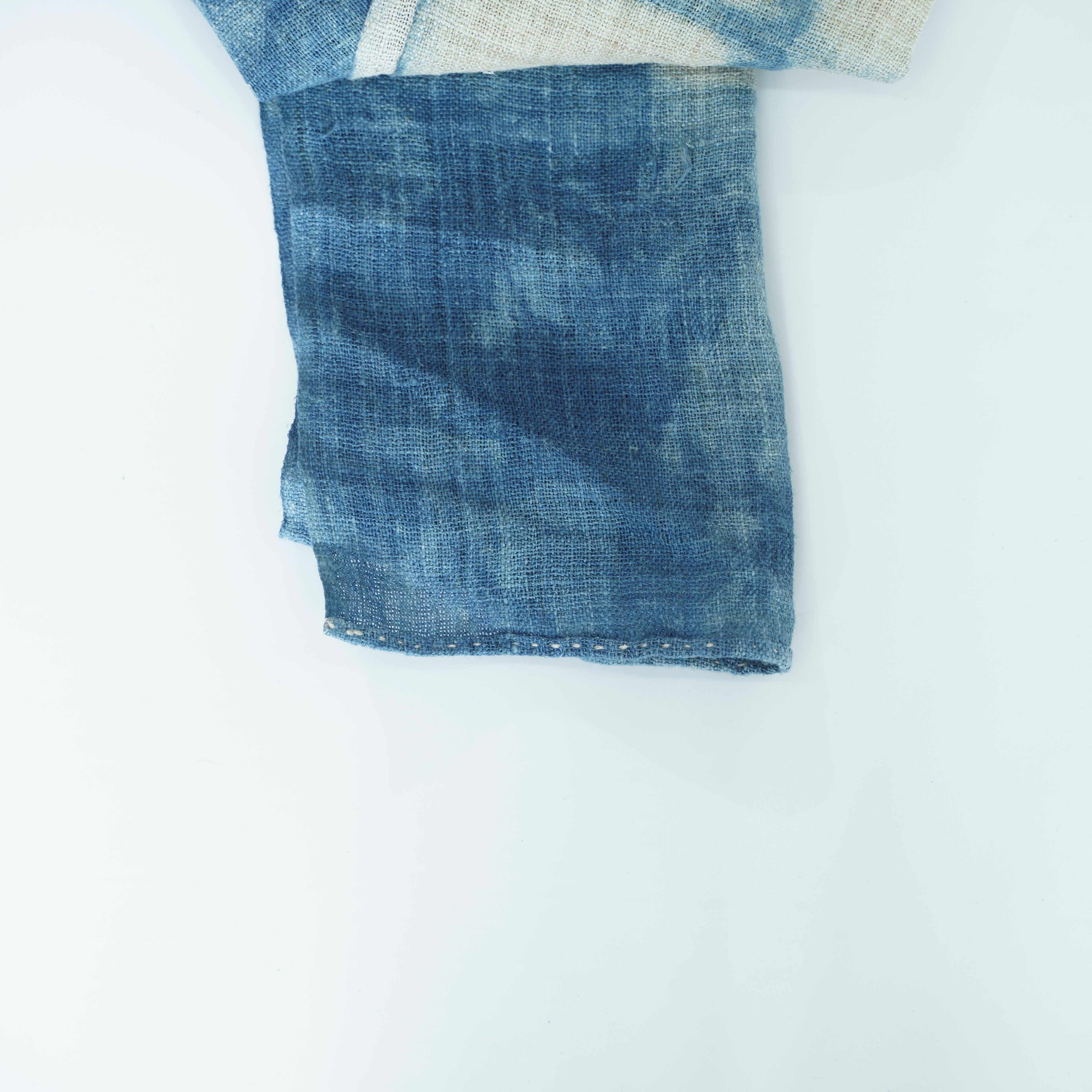 Hmong Grid & Marble Indigo Scarf - Hand-Dyed Dual Pattern Natural Brocade Shawl - Hill Tribe Artisan Wrap