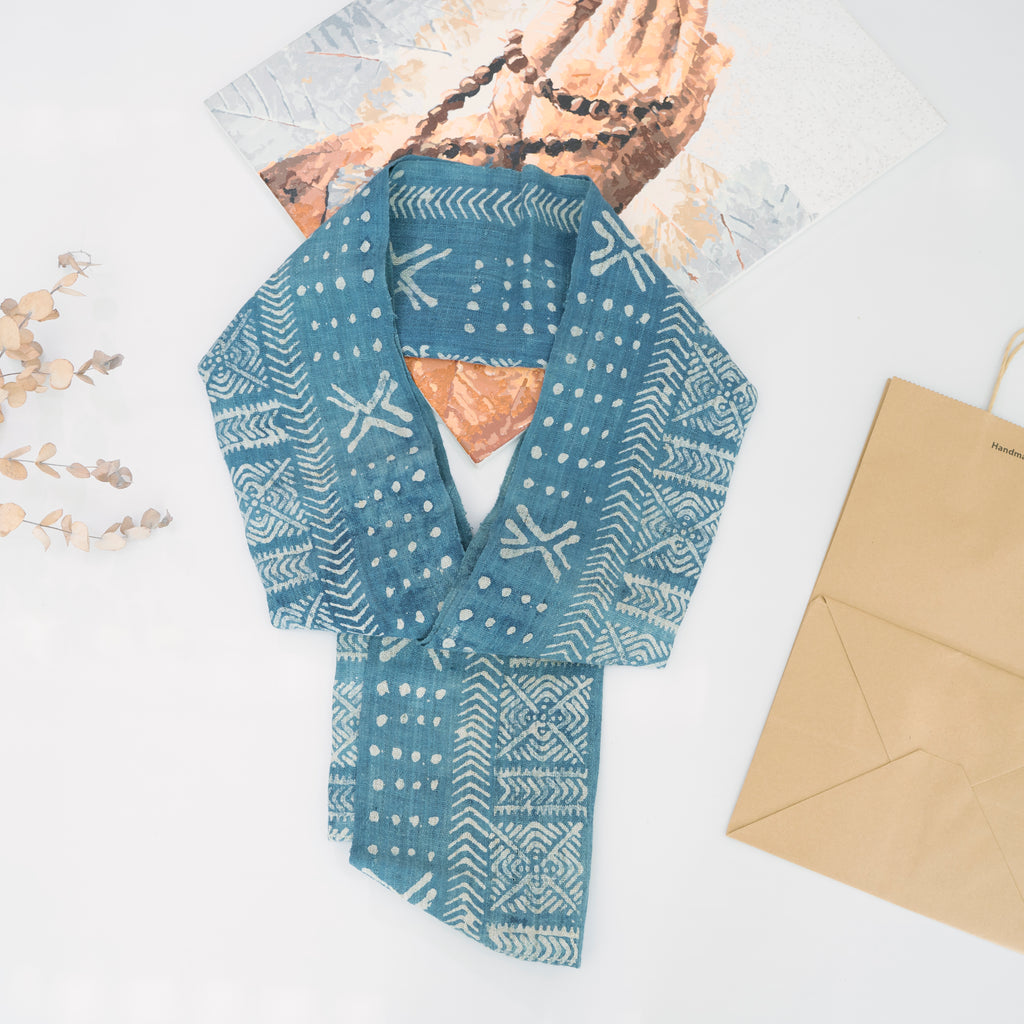 Hmong Beeswax Batik Indigo Scarf - Hand-Drawn Cotton Brocade Shawl - One-of-a-Kind Hill Tribe Artisan Wrap