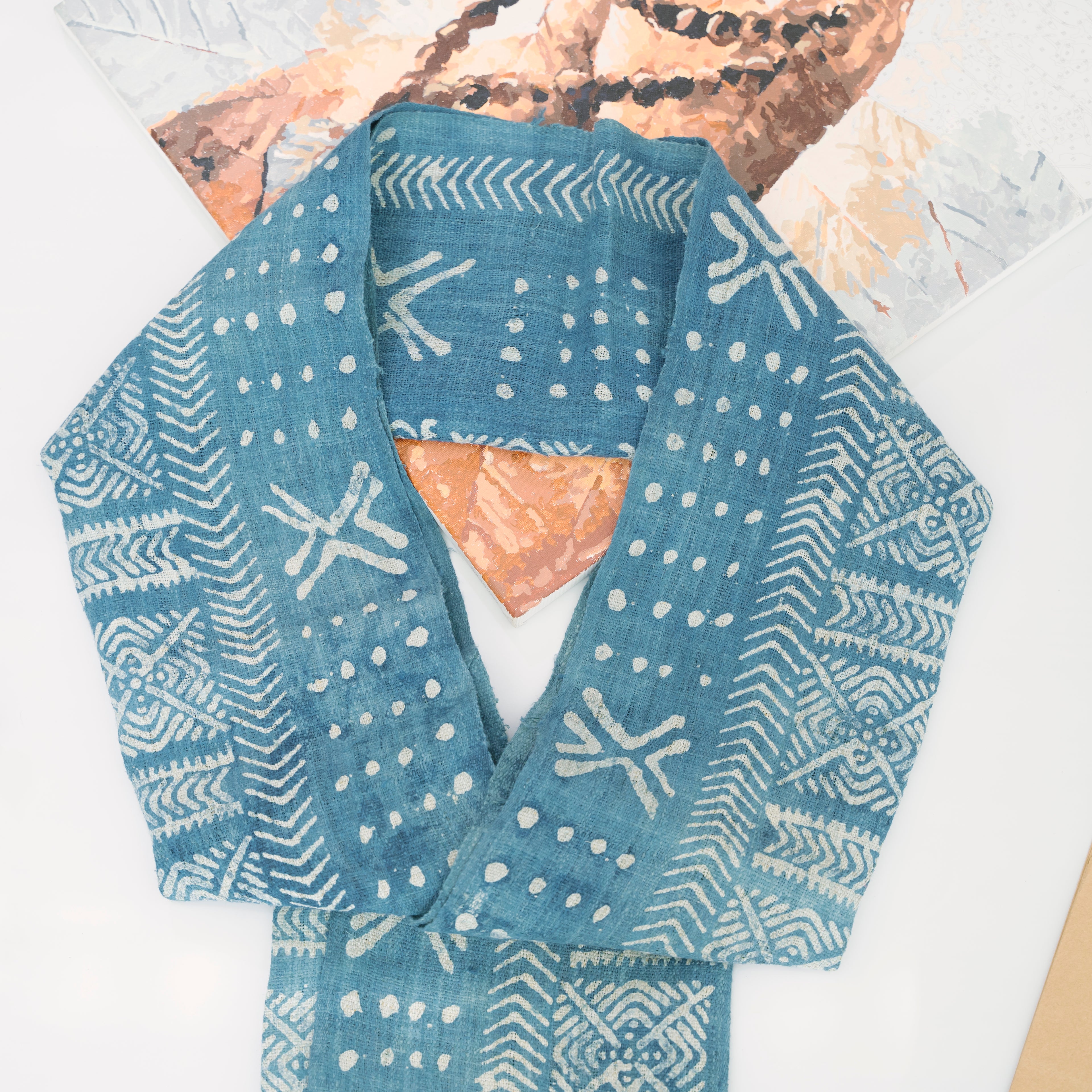 Hmong Beeswax Batik Indigo Scarf - Hand-Drawn Cotton Brocade Shawl - One-of-a-Kind Hill Tribe Artisan Wrap