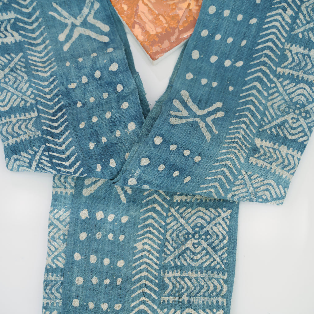 Hmong Beeswax Batik Indigo Scarf - Hand-Drawn Cotton Brocade Shawl - One-of-a-Kind Hill Tribe Artisan Wrap