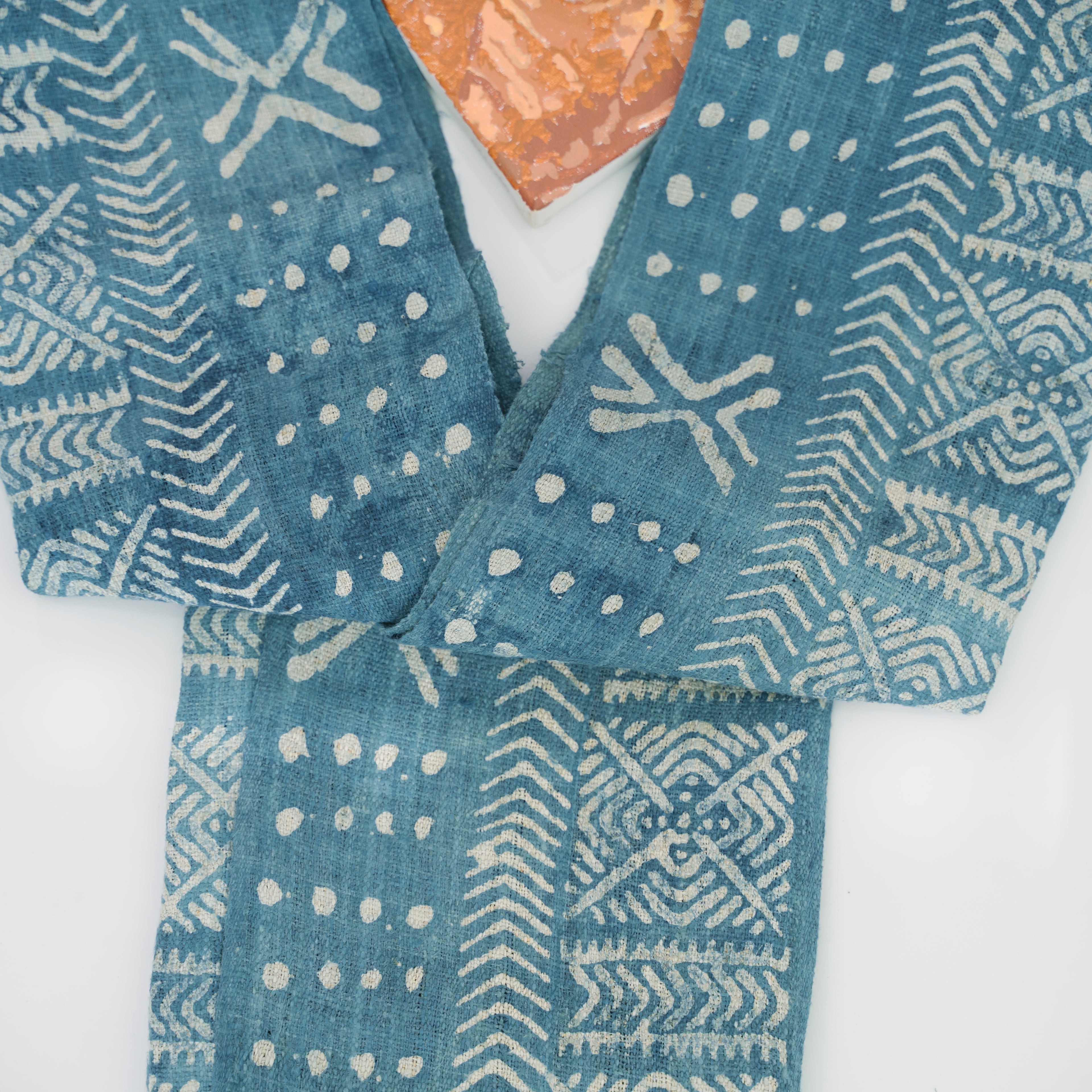 Hmong Beeswax Batik Indigo Scarf - Hand-Drawn Cotton Brocade Shawl - One-of-a-Kind Hill Tribe Artisan Wrap