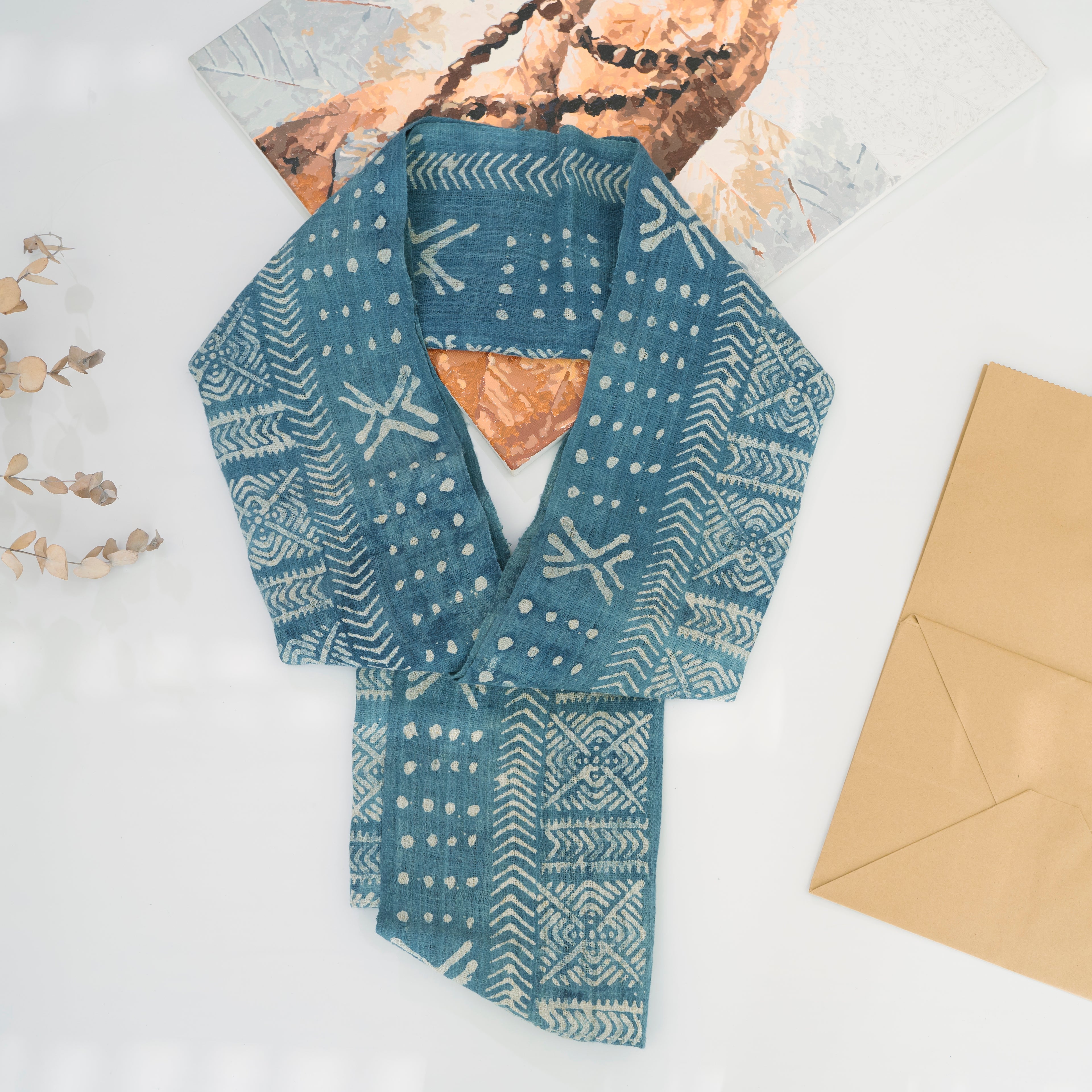 Hmong Beeswax Batik Indigo Scarf - Hand-Drawn Cotton Brocade Shawl - One-of-a-Kind Hill Tribe Artisan Wrap