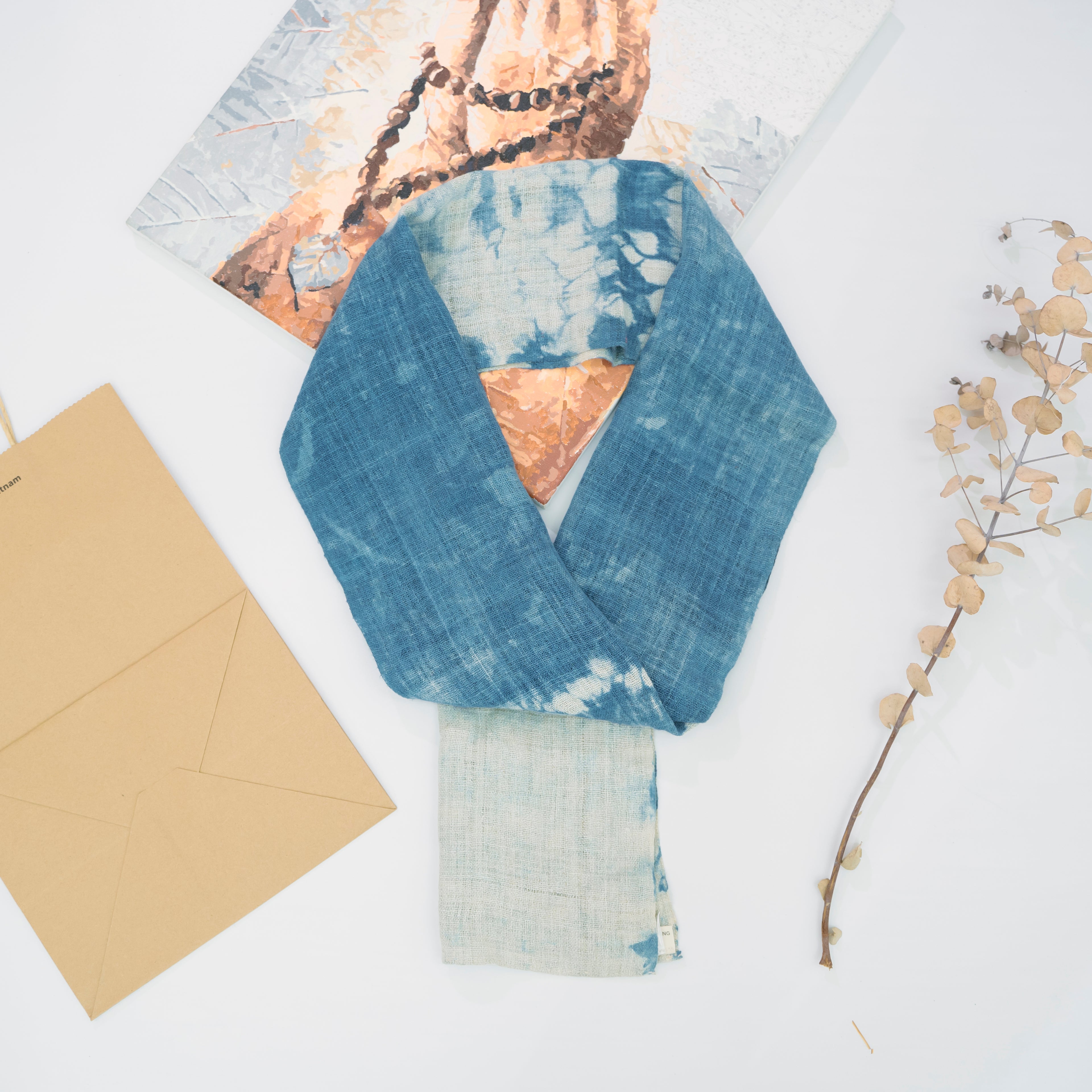 Hmong Free-Form Splash Indigo Scarf - Hand-Dyed Natural Fiber Brocade Shawl - One-of-a-Kind Hill Tribe Artisan Wrap