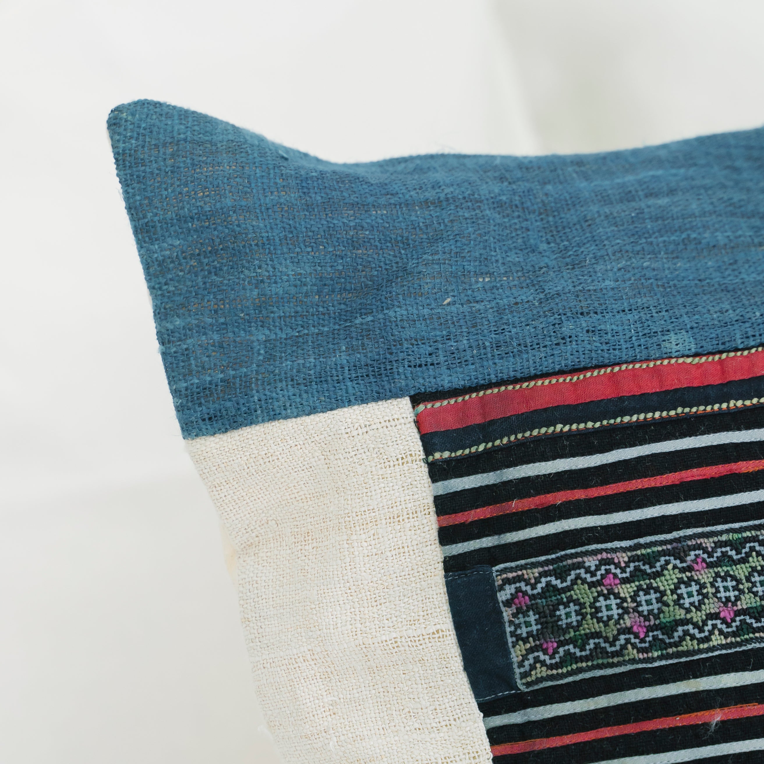 Hmong Embroidered Indigo Pillow Cover - Hand-Dyed Tribal Brocade - Neutral Ethnic Hill Tribe Artisan Cushion