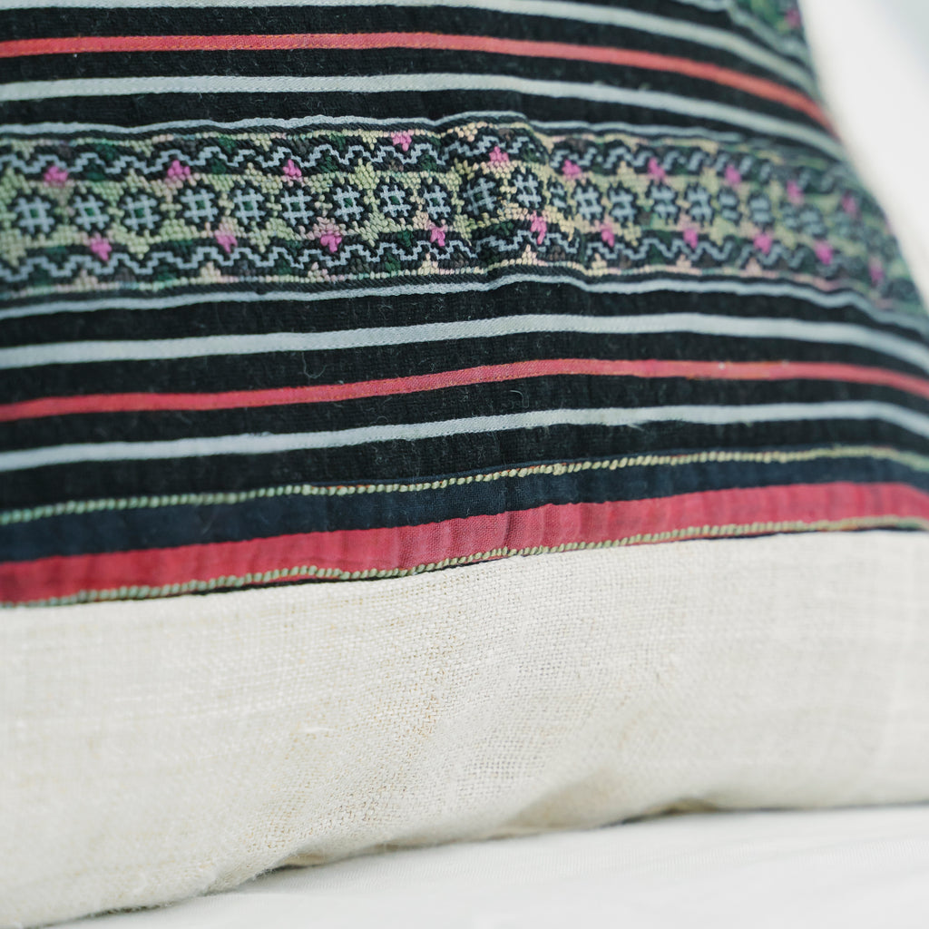 Hmong Embroidered Indigo Pillow Cover - Hand-Dyed Tribal Brocade - Neutral Ethnic Hill Tribe Artisan Cushion