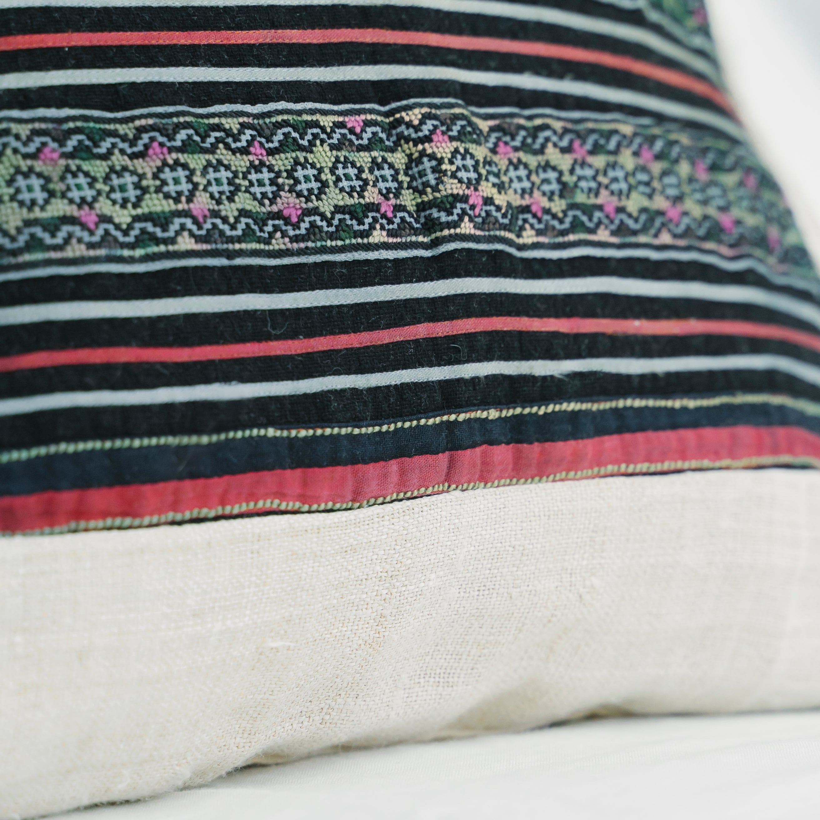 Hmong Embroidered Indigo Pillow Cover - Hand-Dyed Tribal Brocade - Neutral Ethnic Hill Tribe Artisan Cushion