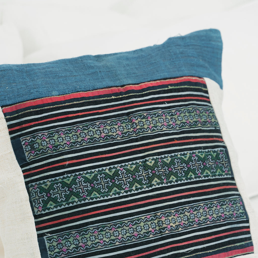 Hmong Embroidered Indigo Pillow Cover - Hand-Dyed Tribal Brocade - Neutral Ethnic Hill Tribe Artisan Cushion