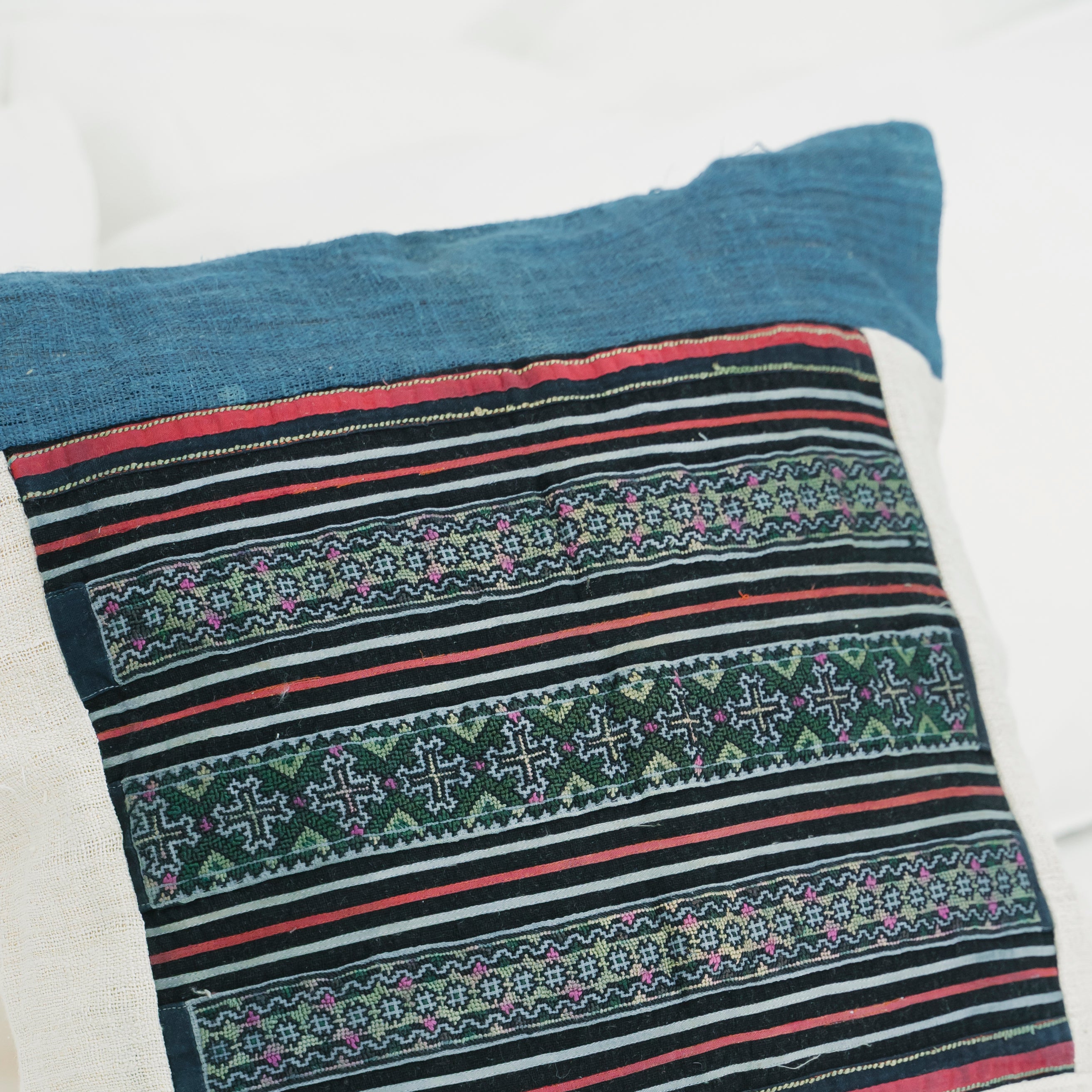 Hmong Embroidered Indigo Pillow Cover - Hand-Dyed Tribal Brocade - Neutral Ethnic Hill Tribe Artisan Cushion