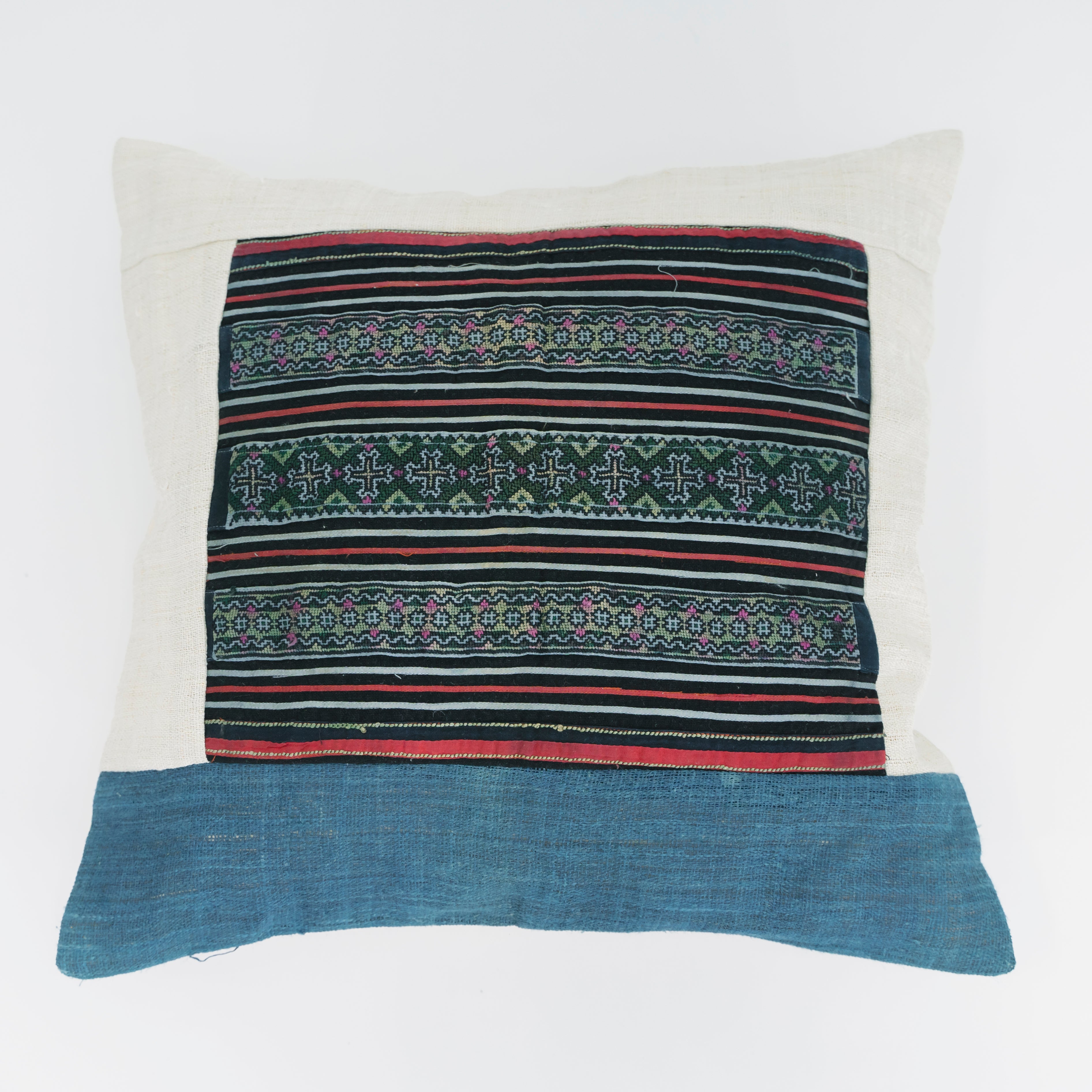 Hmong Embroidered Indigo Pillow Cover - Hand-Dyed Tribal Brocade - Neutral Ethnic Hill Tribe Artisan Cushion