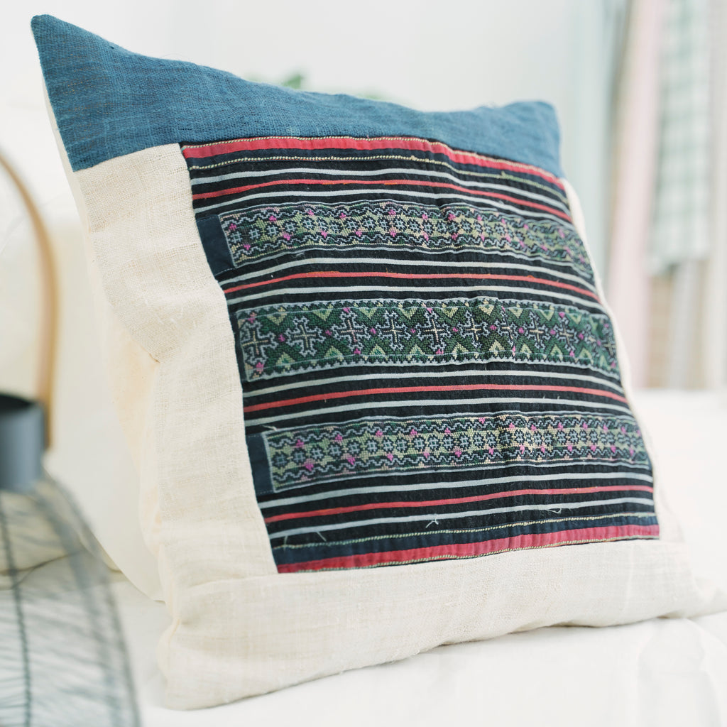 Hmong Embroidered Indigo Pillow Cover - Hand-Dyed Tribal Brocade - Neutral Ethnic Hill Tribe Artisan Cushion
