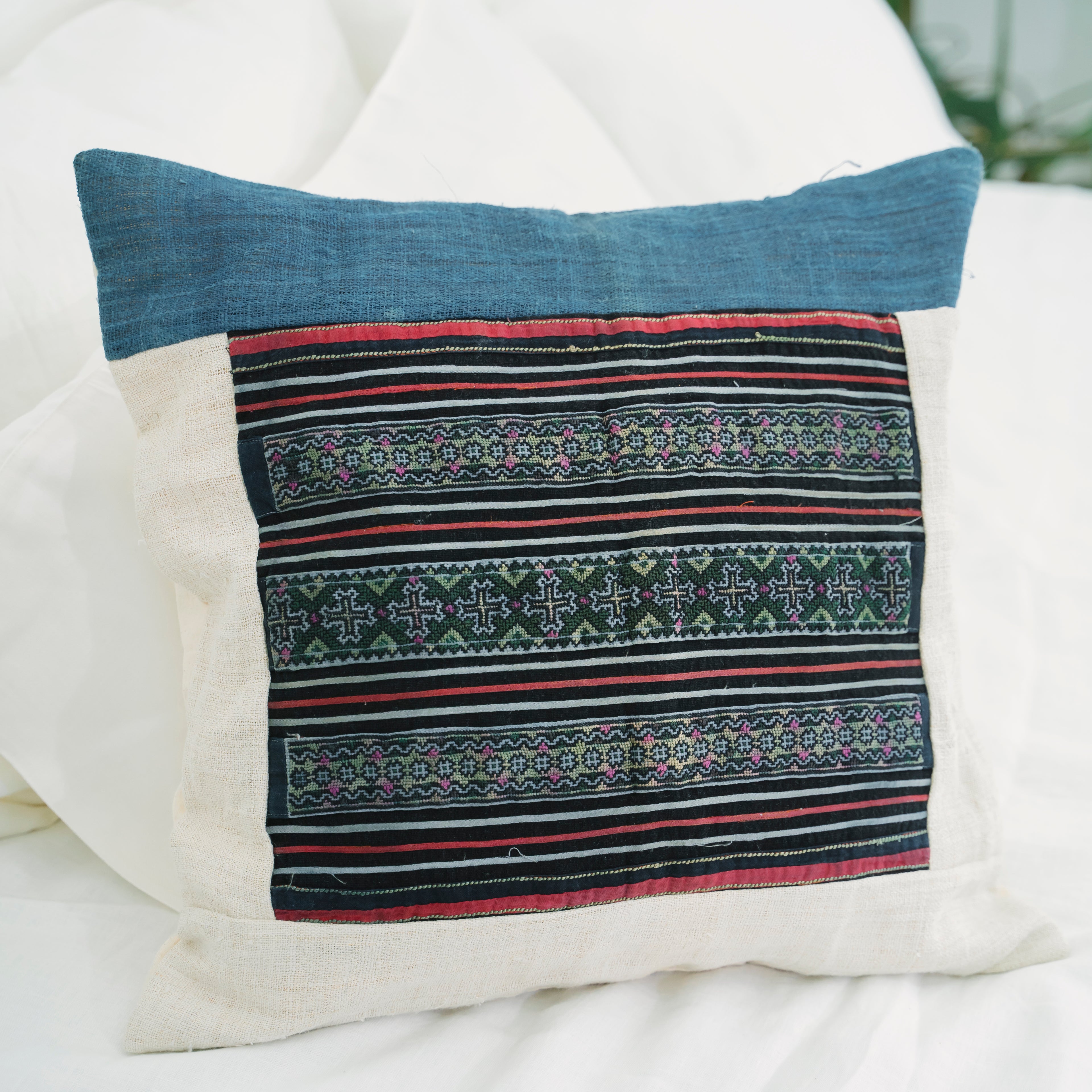 Hmong Embroidered Indigo Pillow Cover - Hand-Dyed Tribal Brocade - Neutral Ethnic Hill Tribe Artisan Cushion