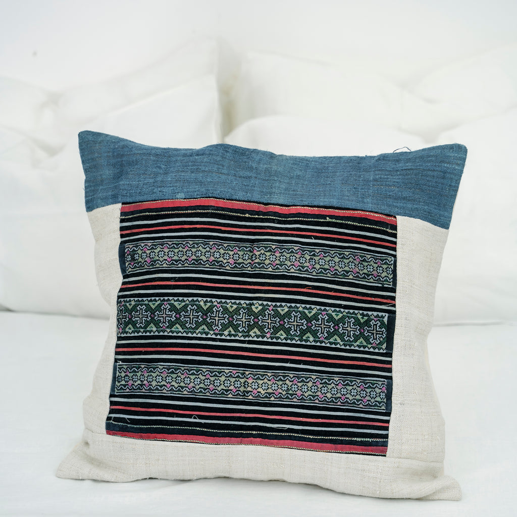 Hmong Embroidered Indigo Pillow Cover - Hand-Dyed Tribal Brocade - Neutral Ethnic Hill Tribe Artisan Cushion