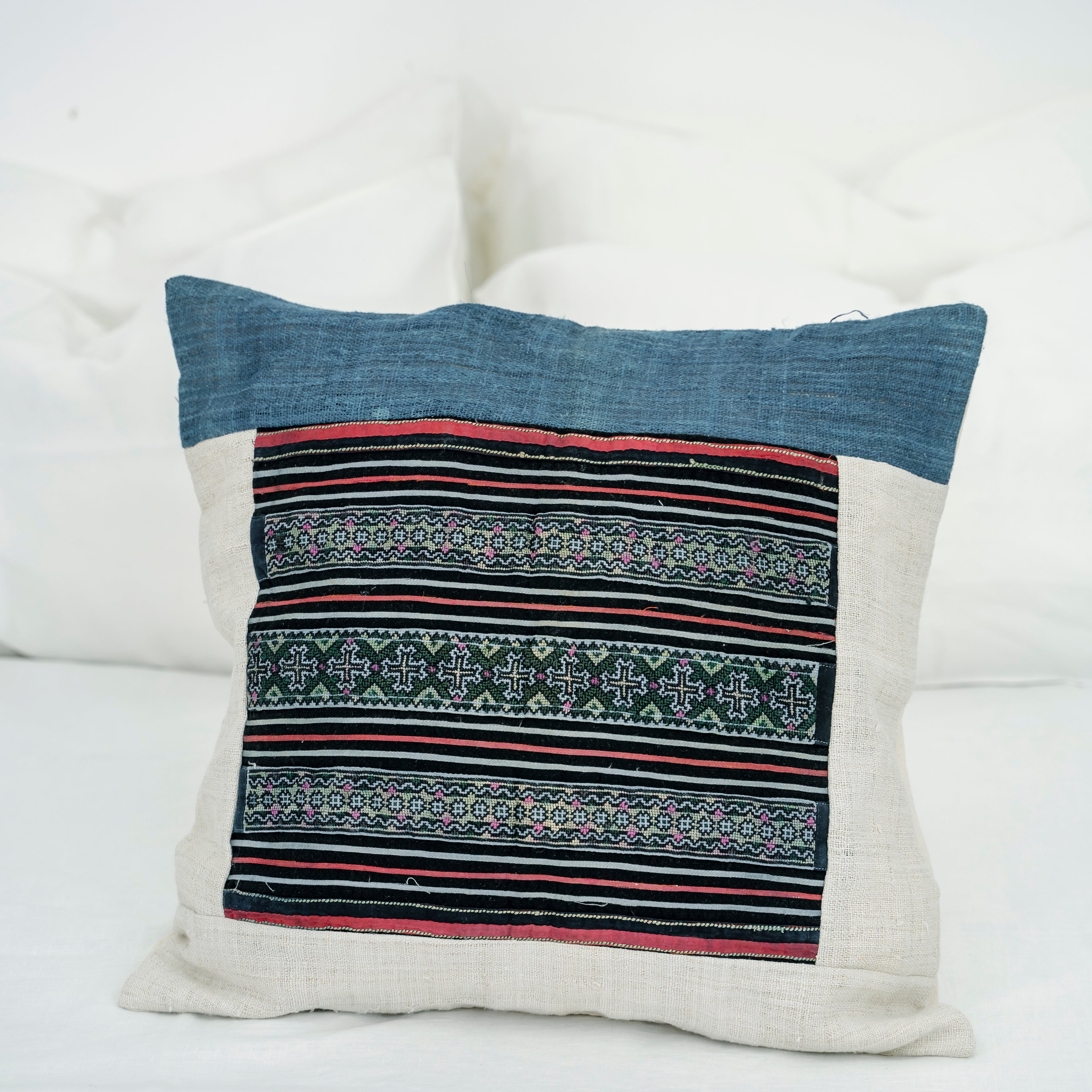 Hmong Embroidered Indigo Pillow Cover - Hand-Dyed Tribal Brocade - Neutral Ethnic Hill Tribe Artisan Cushion