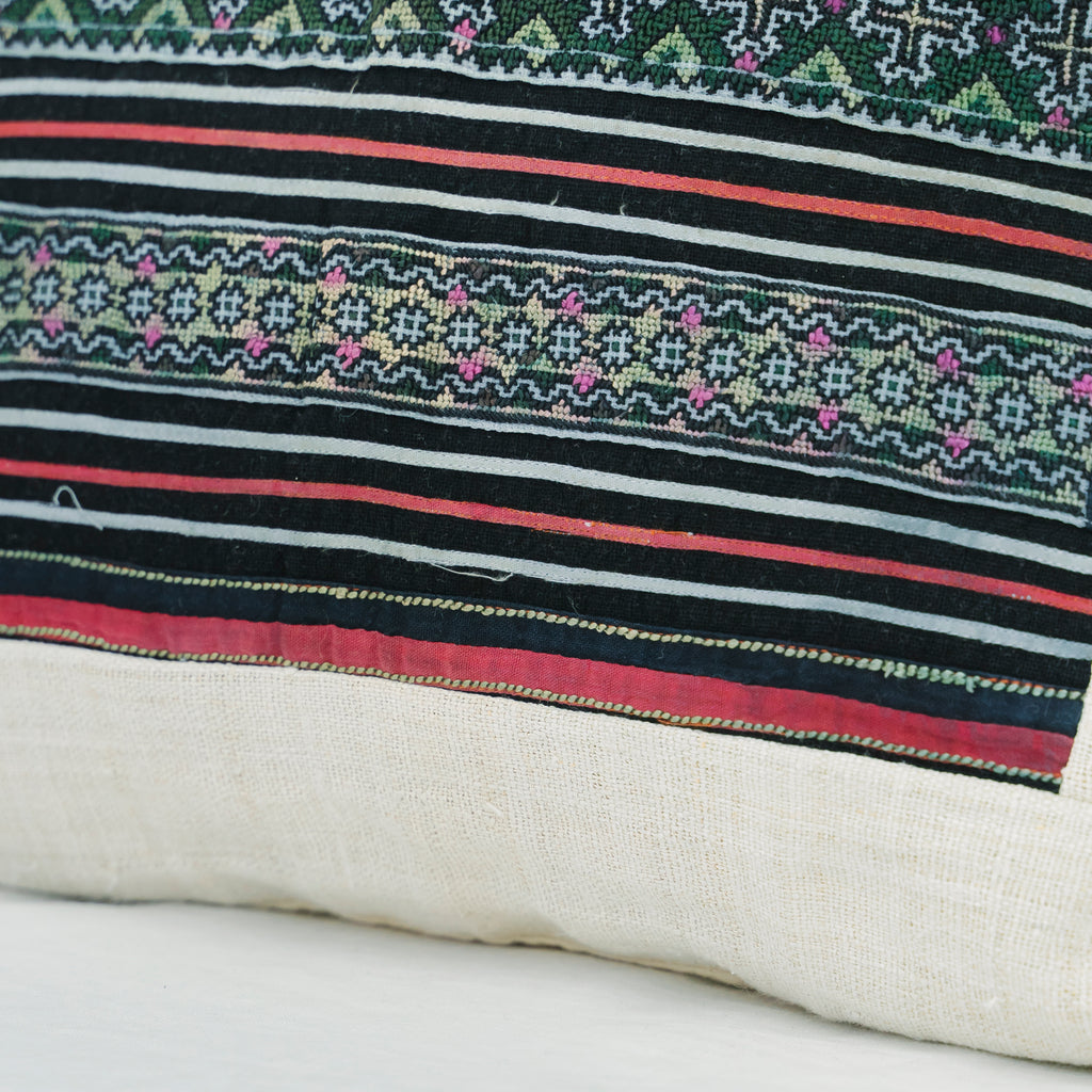Hmong Embroidered Indigo Pillow Cover - Hand-Dyed Tribal Brocade - Neutral Ethnic Hill Tribe Artisan Cushion