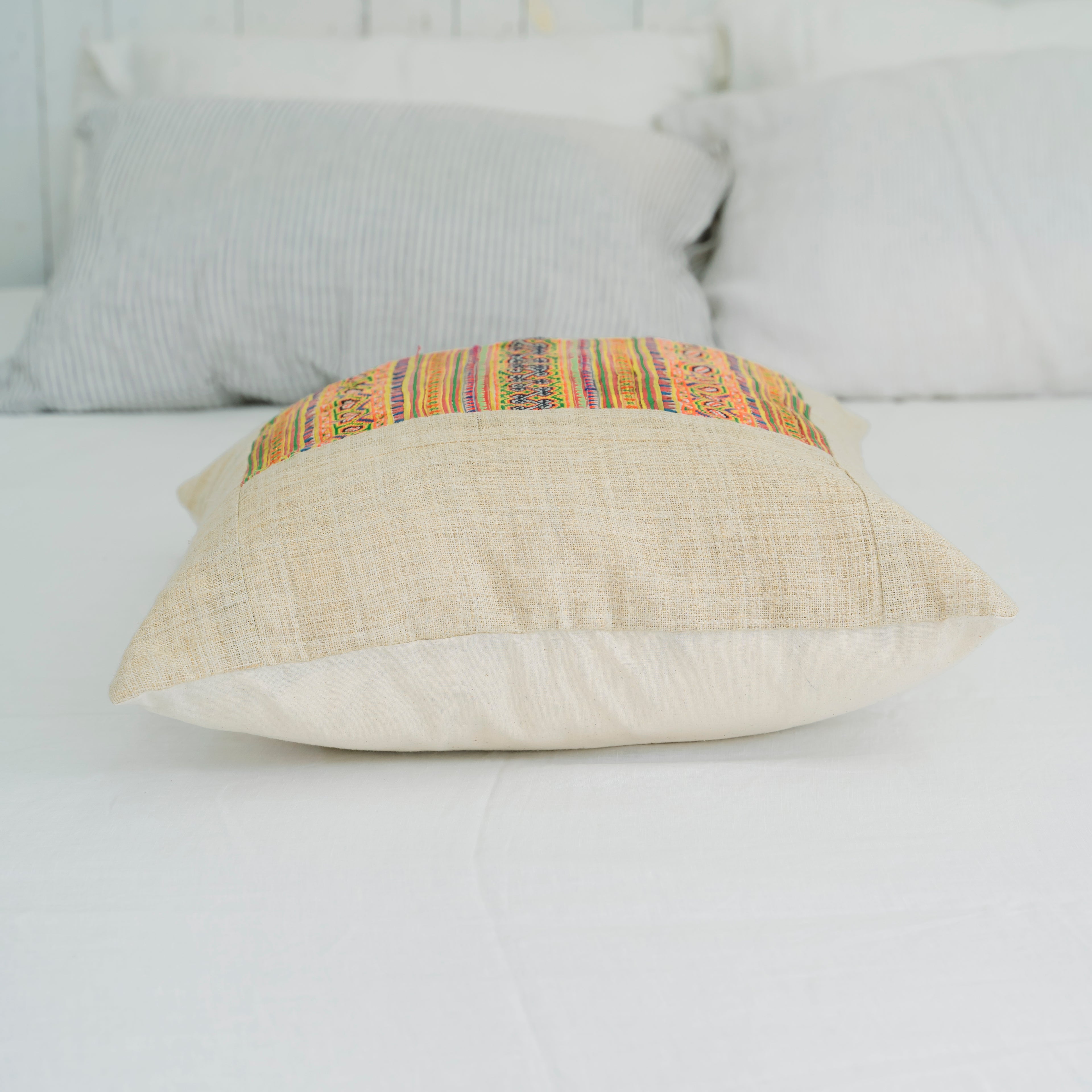 Hmong Colorful Embroidered Pillow Cover - Hand-Woven Tribal Brocade - One-of-a-Kind Hill Tribe Artisan Cushion