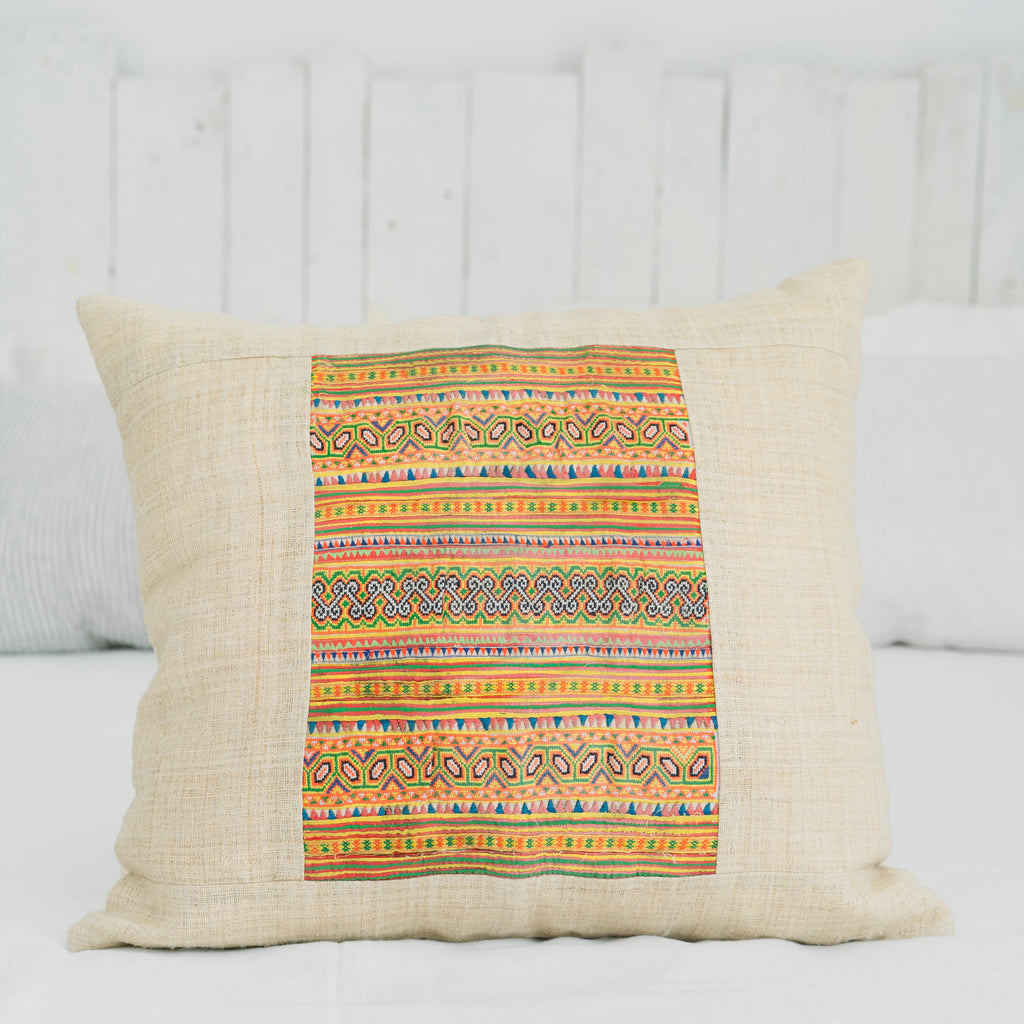 Hmong Colorful Embroidered Pillow Cover - Hand-Woven Tribal Brocade - One-of-a-Kind Hill Tribe Artisan Cushion