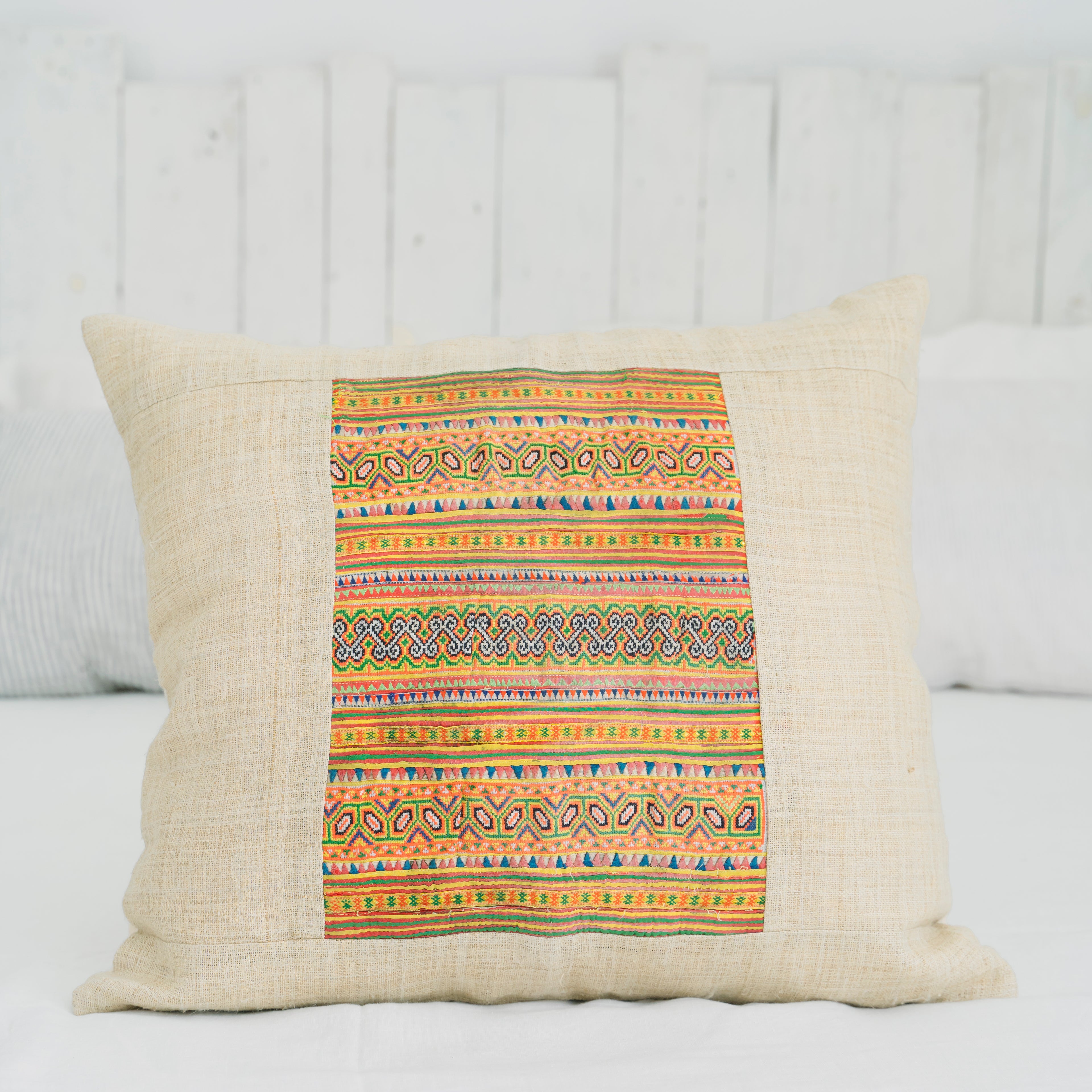 Hmong Colorful Embroidered Pillow Cover - Hand-Woven Tribal Brocade - One-of-a-Kind Hill Tribe Artisan Cushion