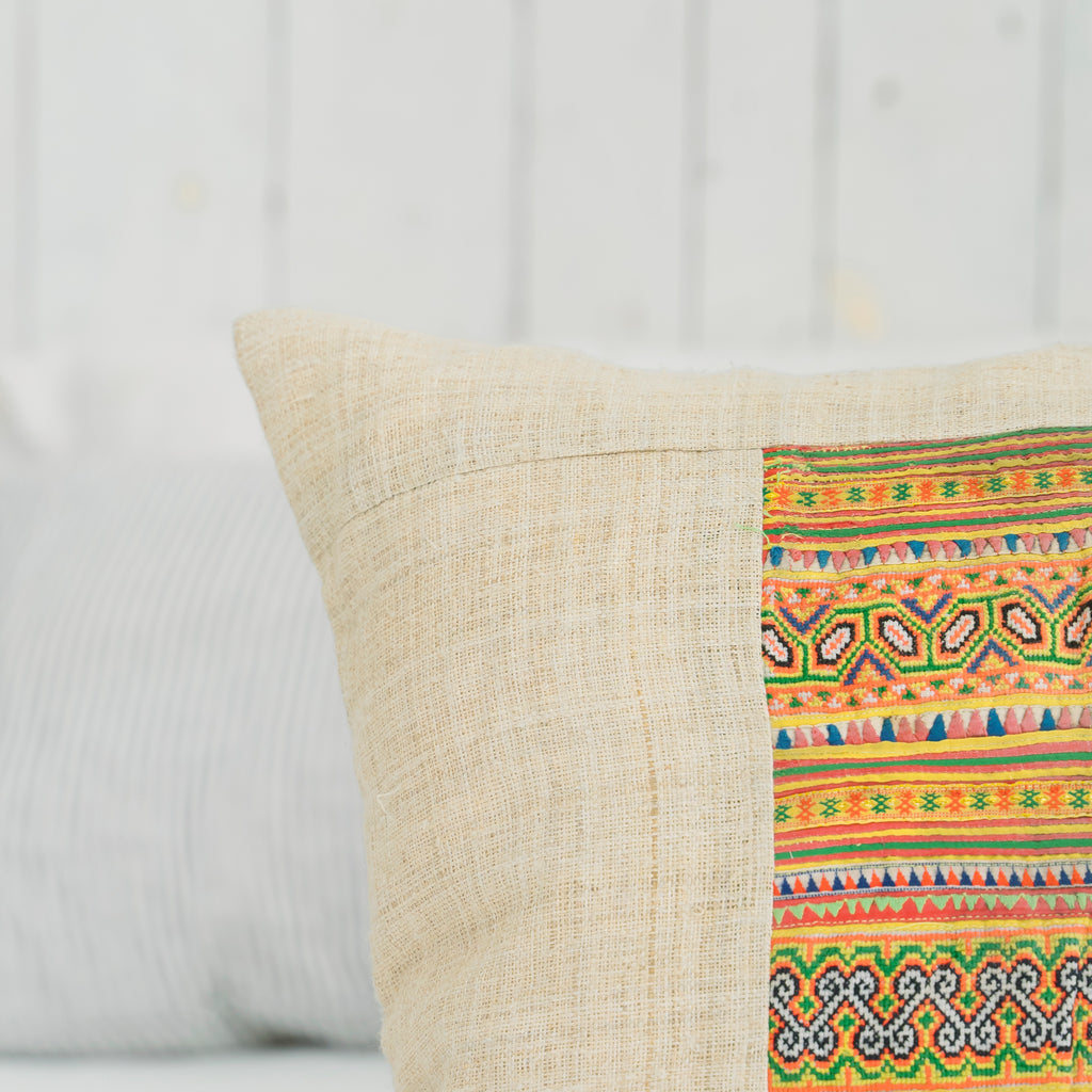 Hmong Colorful Embroidered Pillow Cover - Hand-Woven Tribal Brocade - One-of-a-Kind Hill Tribe Artisan Cushion