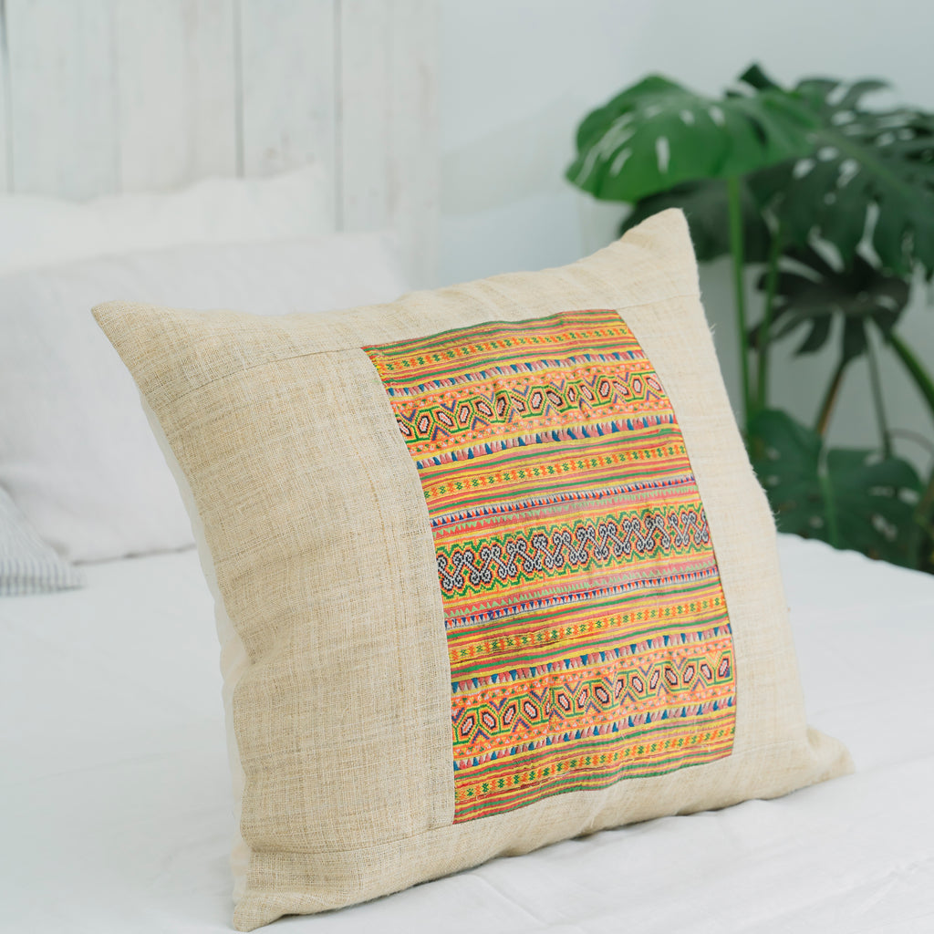 Hmong Colorful Embroidered Pillow Cover - Hand-Woven Tribal Brocade - One-of-a-Kind Hill Tribe Artisan Cushion