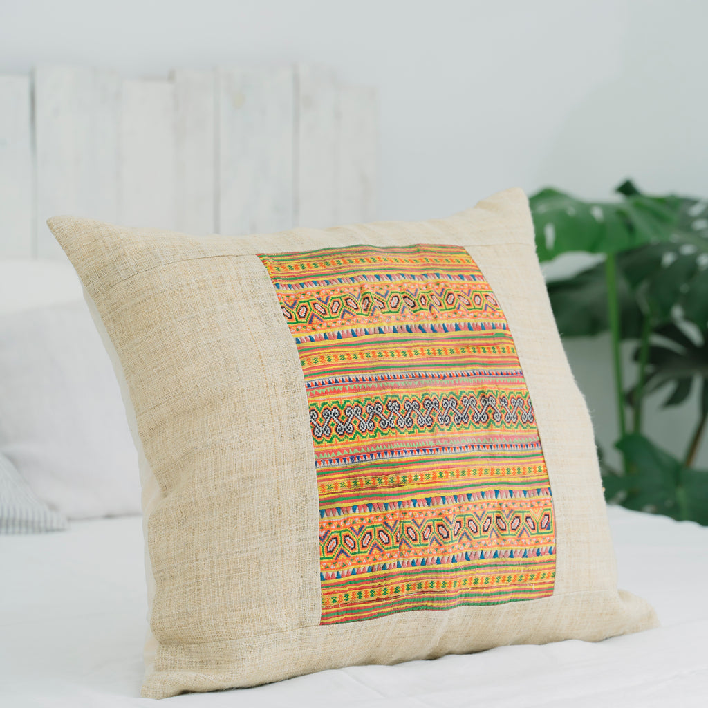 Hmong Colorful Embroidered Pillow Cover - Hand-Woven Tribal Brocade - One-of-a-Kind Hill Tribe Artisan Cushion