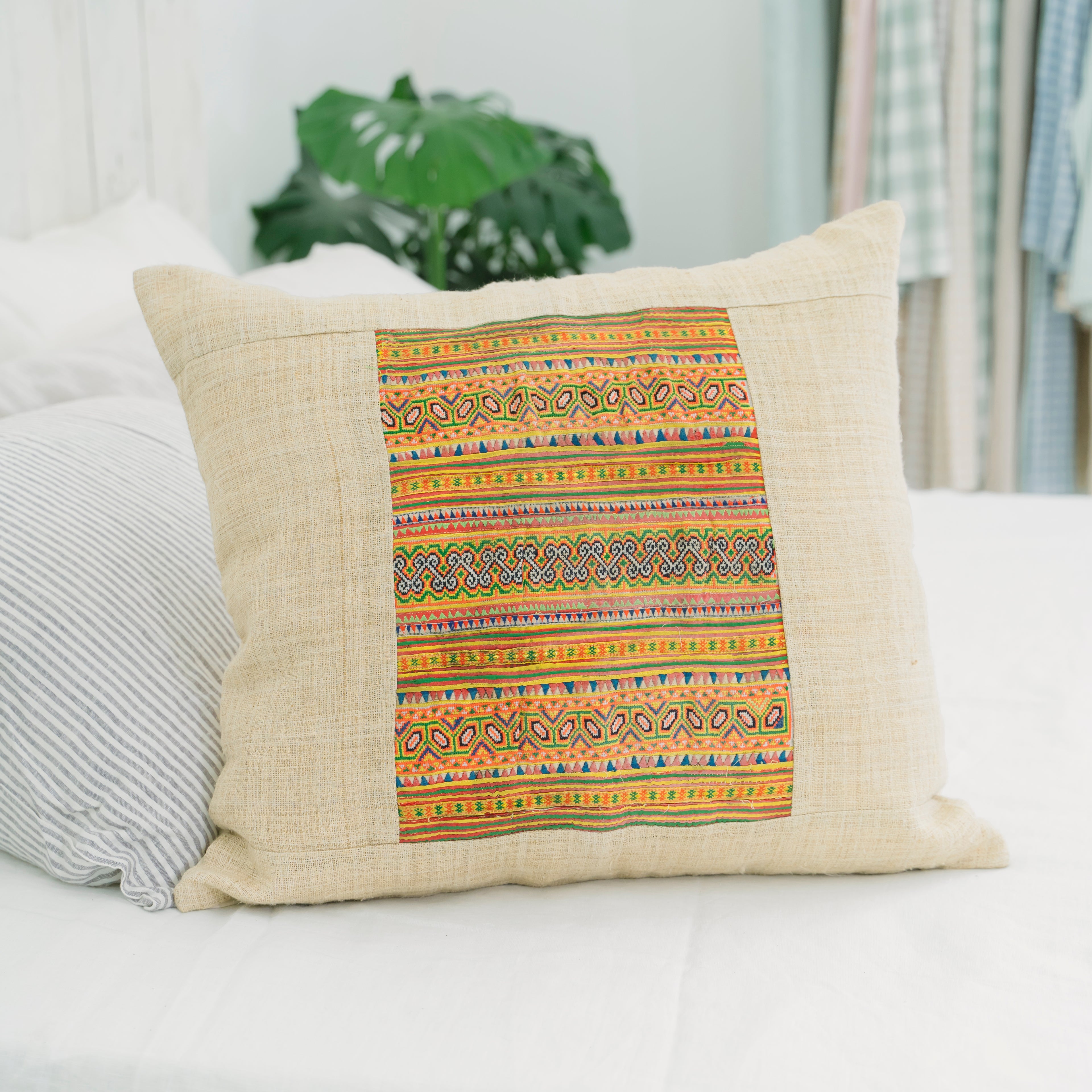 Hmong Colorful Embroidered Pillow Cover - Hand-Woven Tribal Brocade - One-of-a-Kind Hill Tribe Artisan Cushion