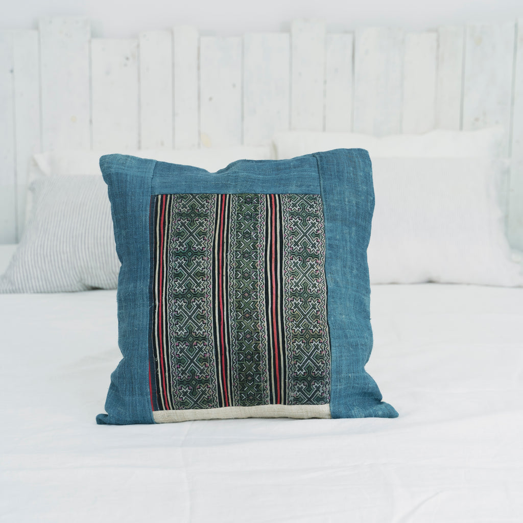 Hmong Indigo Embroidered Pillow Cover - Hand-Dyed Tribal Pattern Brocade - Hill Tribe Artisan Cushion