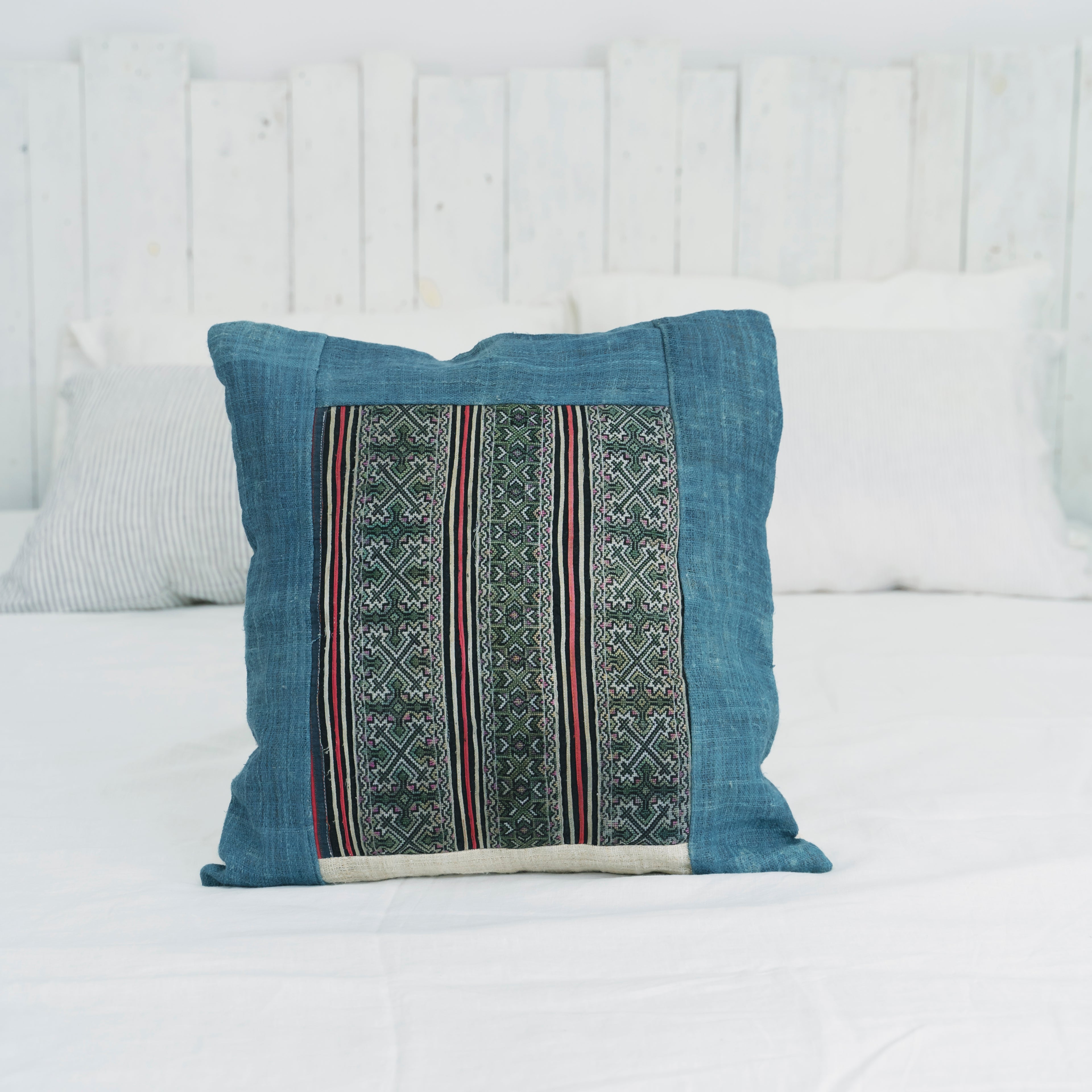 Hmong Indigo Embroidered Pillow Cover - Hand-Dyed Tribal Pattern Brocade - Hill Tribe Artisan Cushion