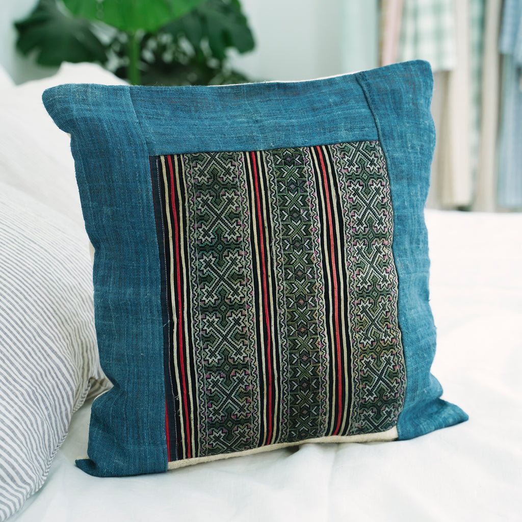 Hmong Indigo Embroidered Pillow Cover - Hand-Dyed Tribal Pattern Brocade - Hill Tribe Artisan Cushion