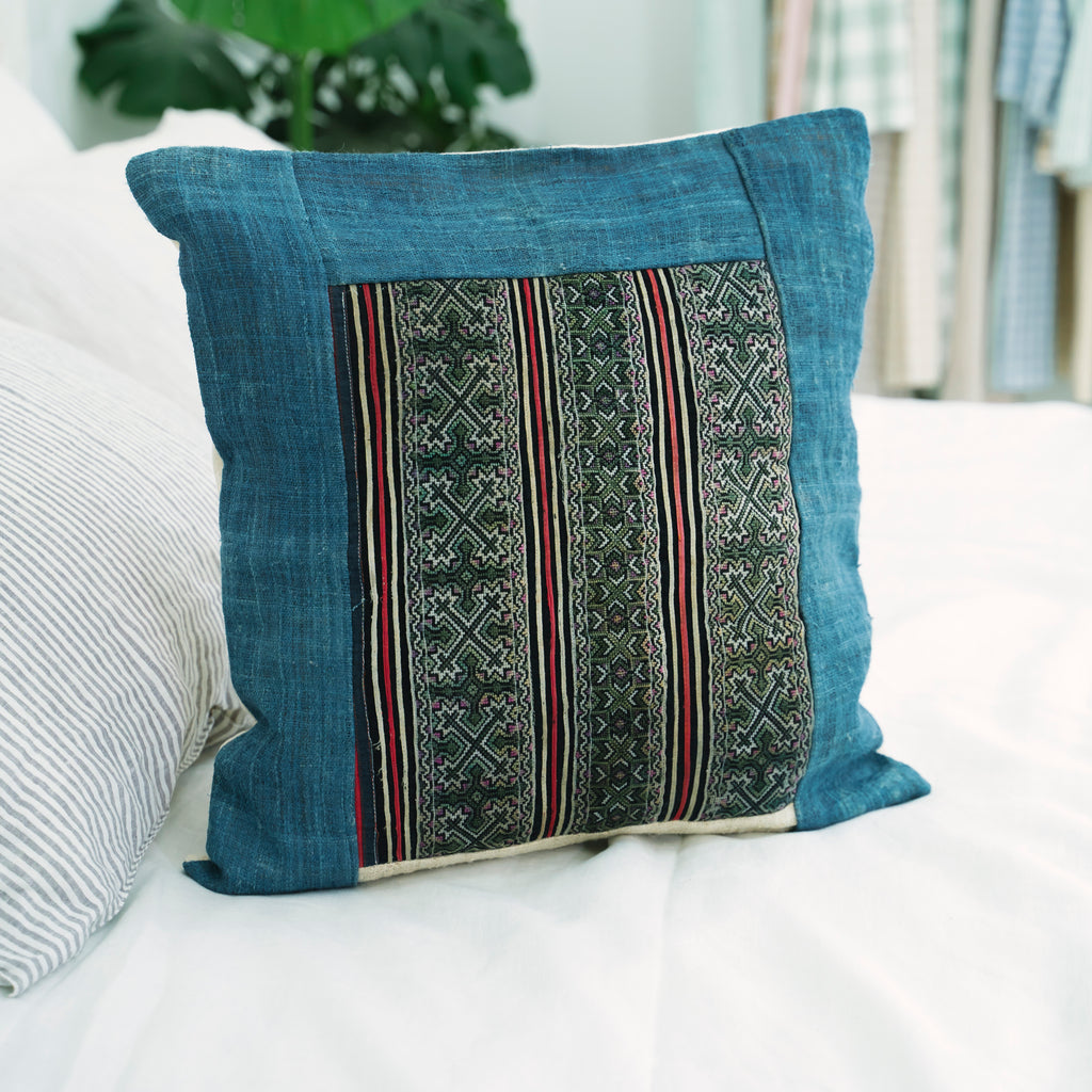 Hmong Indigo Embroidered Pillow Cover - Hand-Dyed Tribal Pattern Brocade - Hill Tribe Artisan Cushion