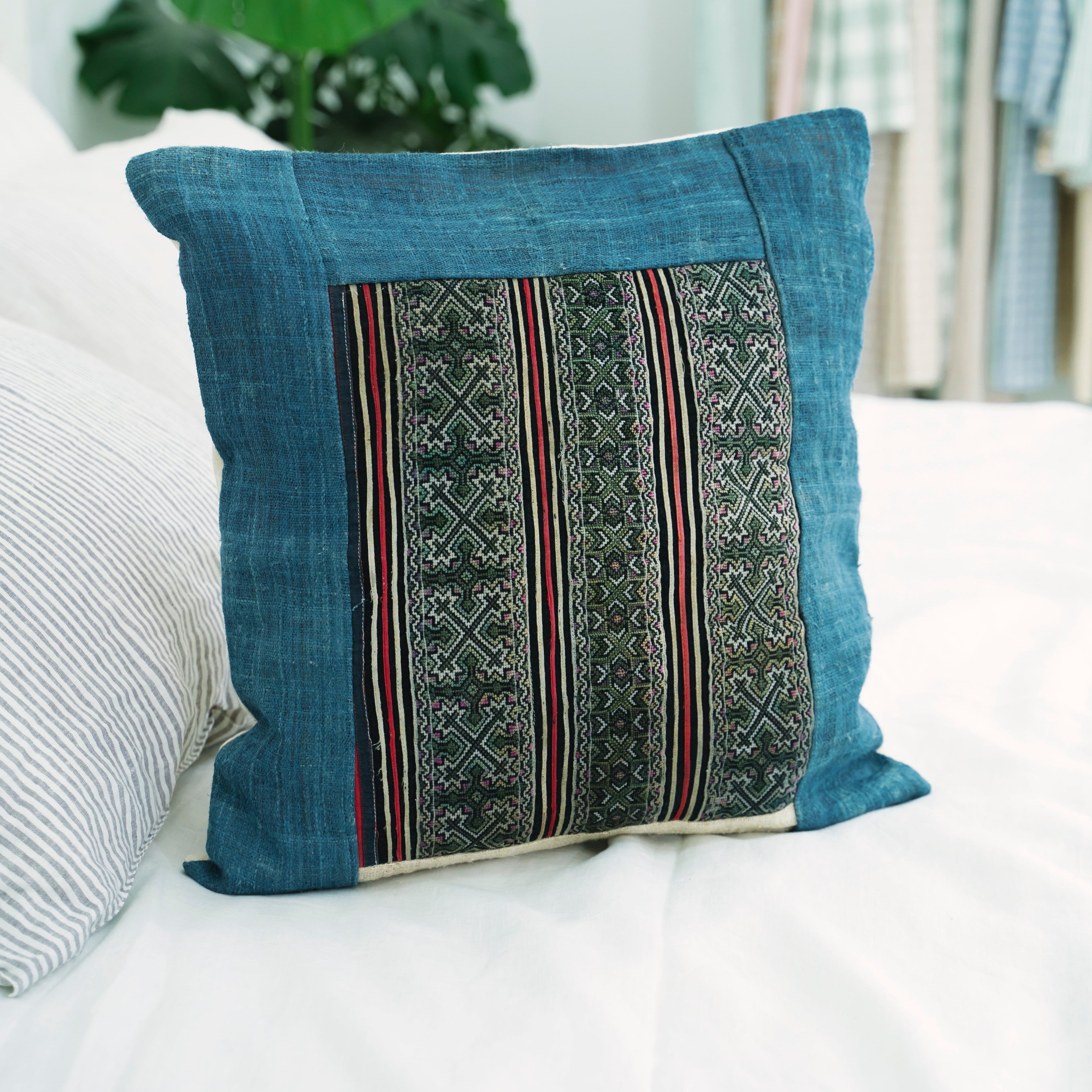 Hmong Indigo Embroidered Pillow Cover - Hand-Dyed Tribal Pattern Brocade - Hill Tribe Artisan Cushion