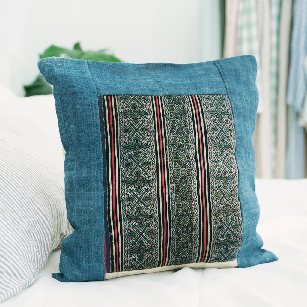 Hmong Indigo Embroidered Pillow Cover - Hand-Dyed Tribal Pattern Brocade - Hill Tribe Artisan Cushion