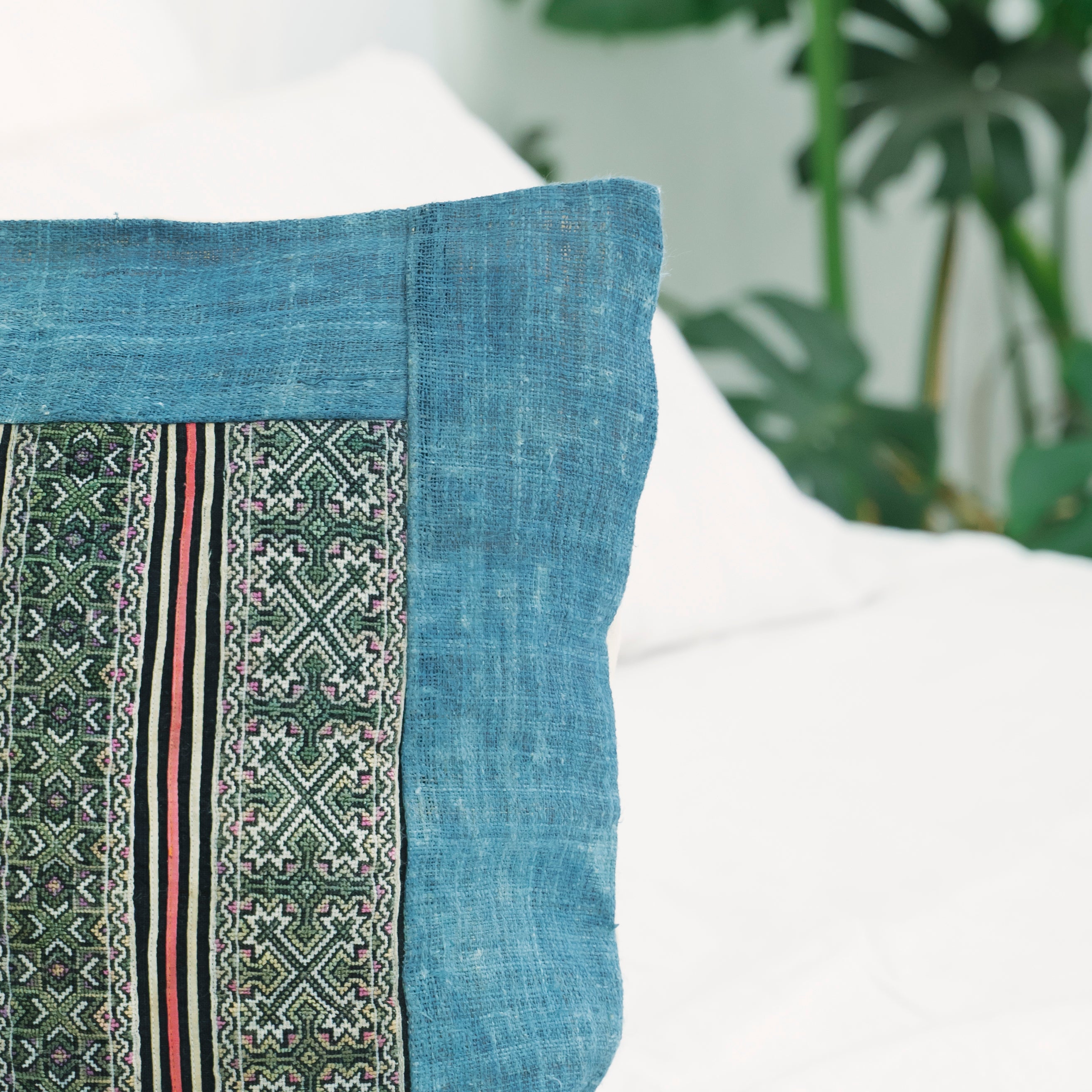 Hmong Indigo Embroidered Pillow Cover - Hand-Dyed Tribal Pattern Brocade - Hill Tribe Artisan Cushion
