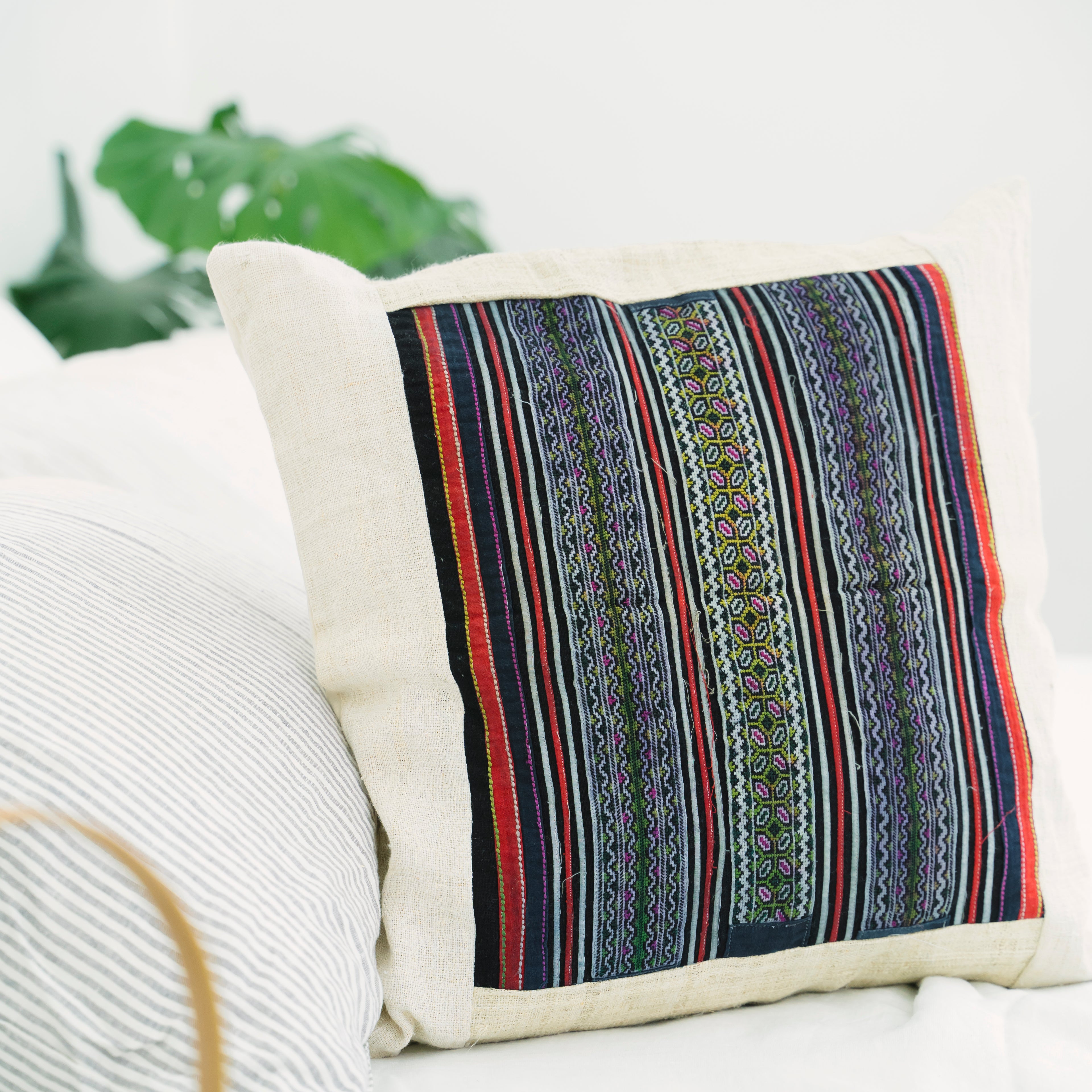 Hmong Multicolor Embroidered Stripe Pillow Cover - Hand-Stitched Brocade on Natural Ground - Hill Tribe Artisan Sofa Cushion
