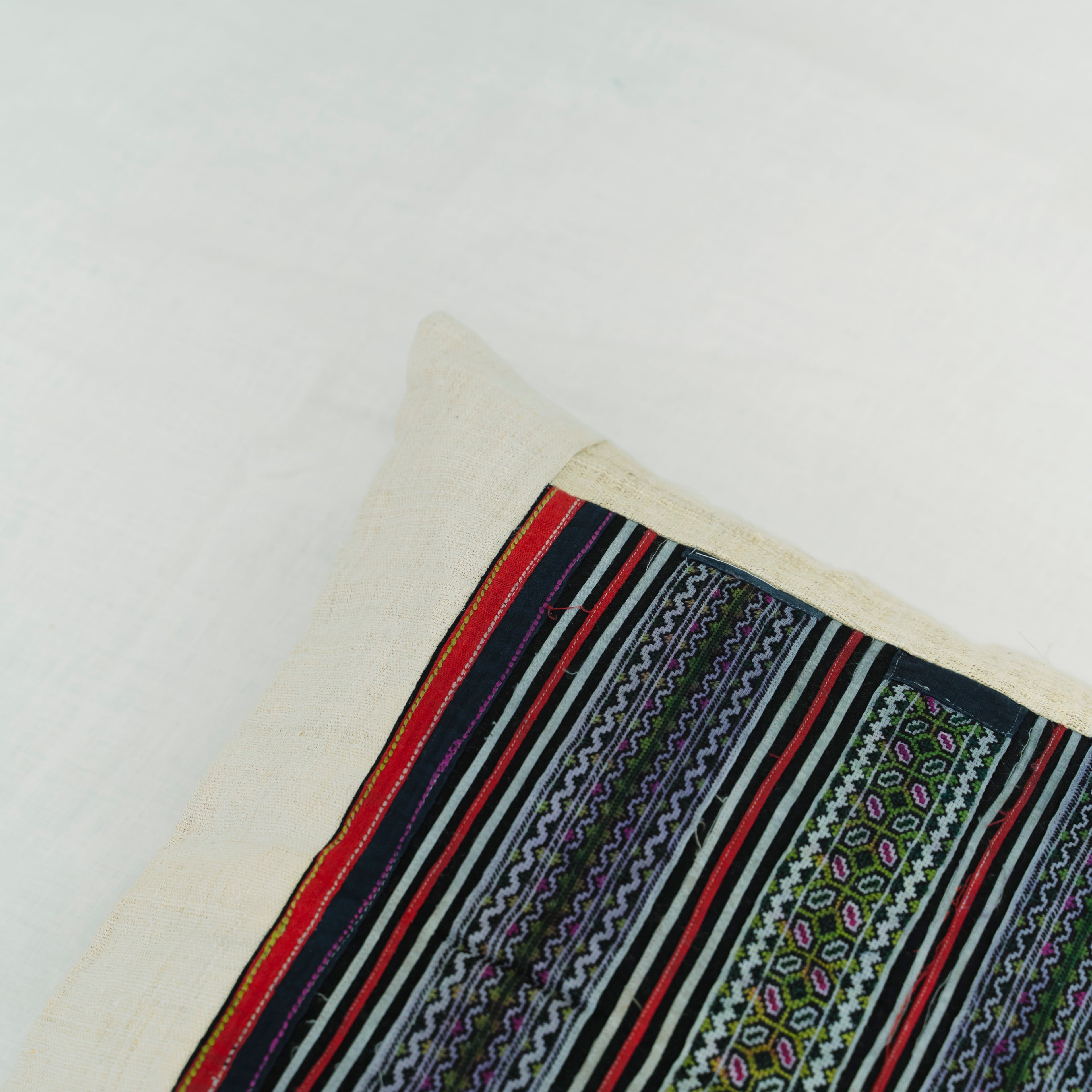 Hmong Multicolor Embroidered Stripe Pillow Cover - Hand-Stitched Brocade on Natural Ground - Hill Tribe Artisan Sofa Cushion