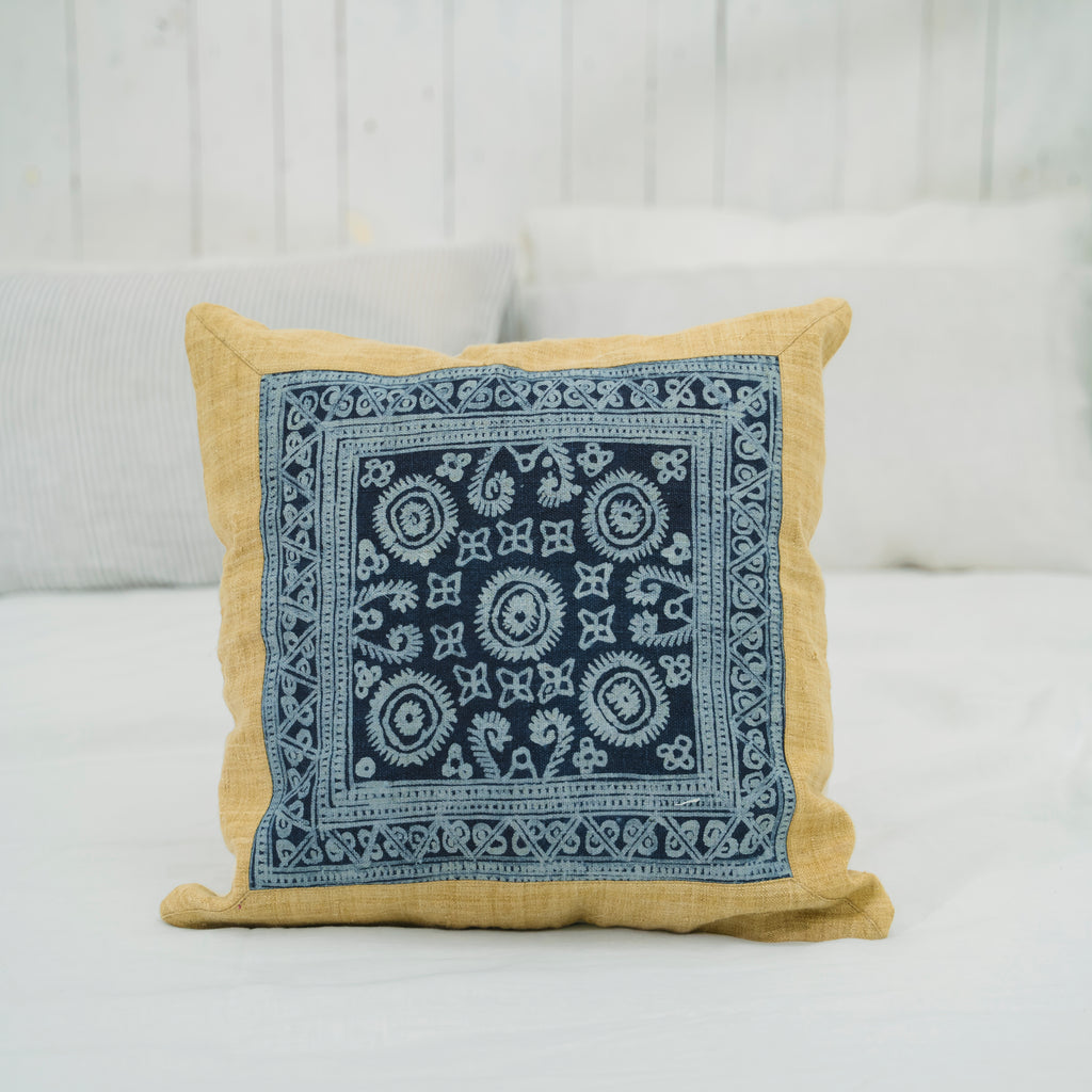 Hmong Mustard Yellow Batik Pillow Cover - Hand-Drawn Beeswax Brocade - One-of-a-Kind Hill Tribe Artisan Cushion