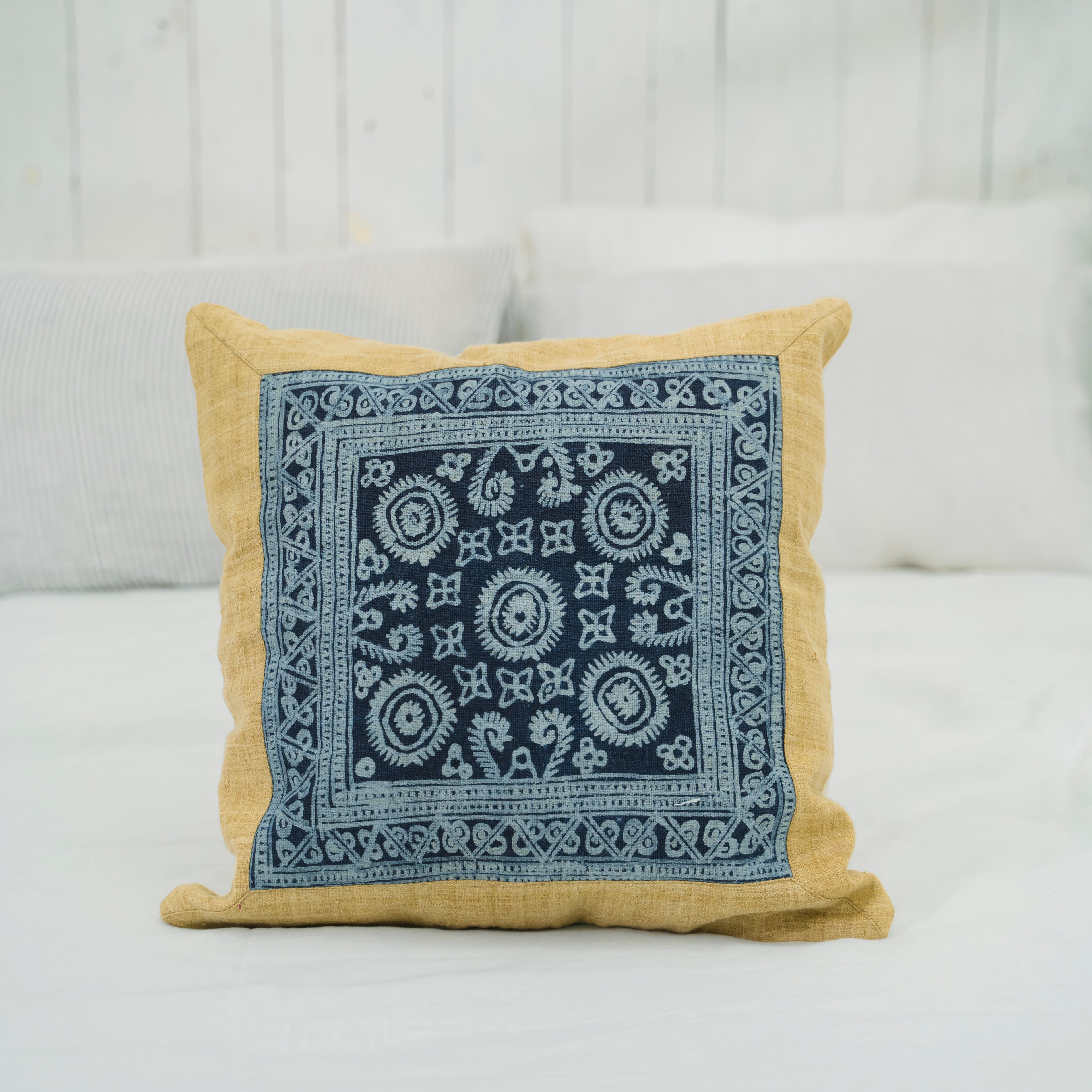 Hmong Mustard Yellow Batik Pillow Cover - Hand-Drawn Beeswax Brocade - One-of-a-Kind Hill Tribe Artisan Cushion